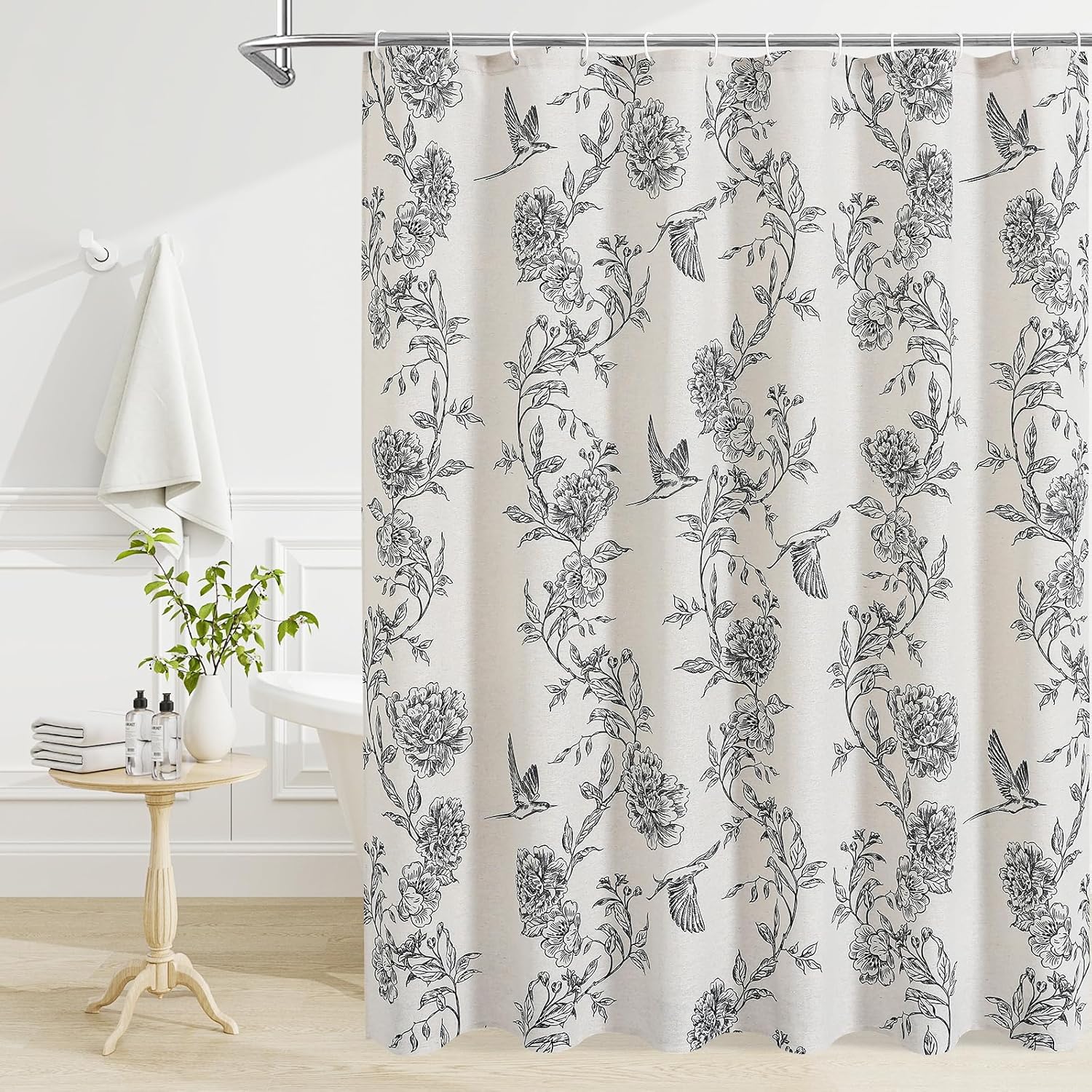 MitoVilla Black Farmhouse Shower Curtain Set, Cotton Floral Hummingbird Cottagecore Spring Shower Curtains for Bathroom, Modern Country Bathroom Décor, 72" W x 72" L