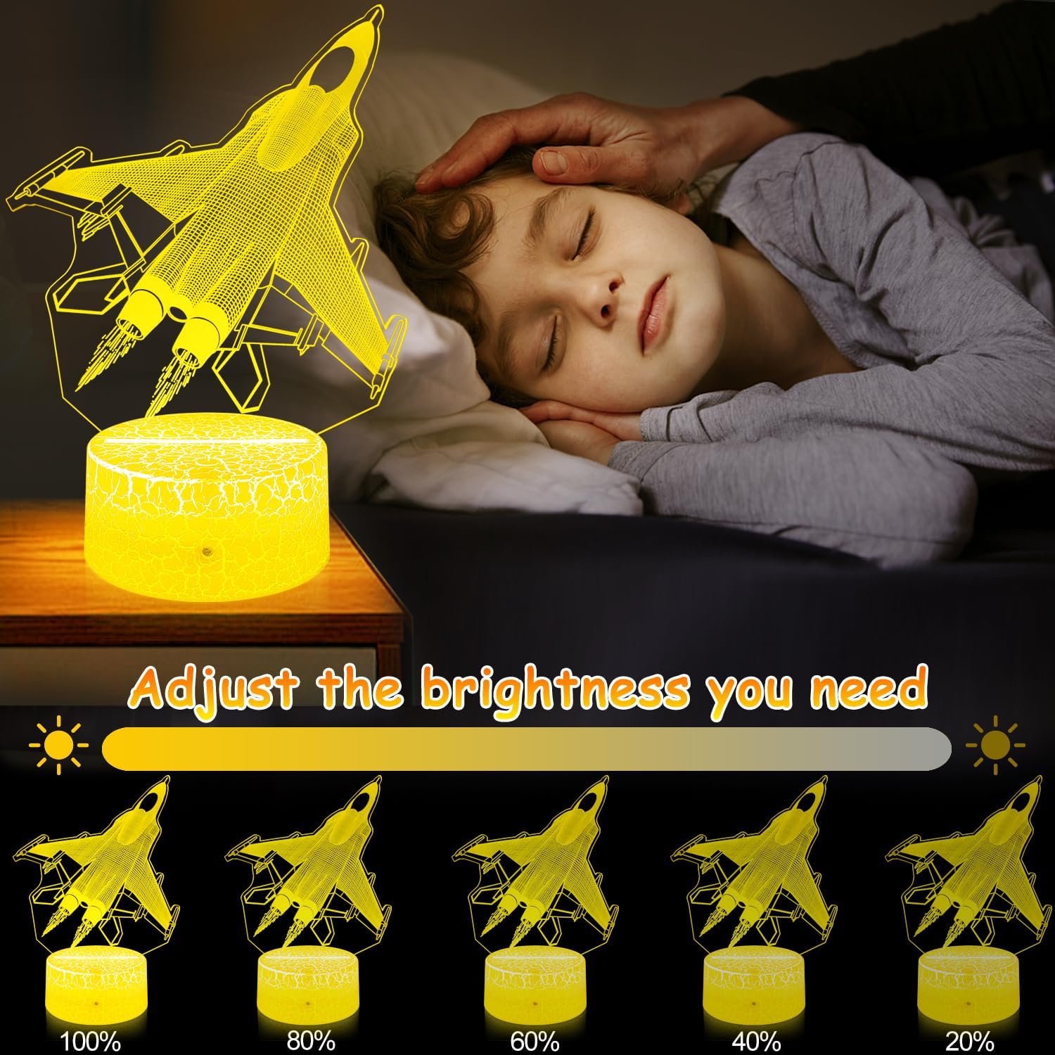 Airplane Night Light Gifts for Boys Men 3D Illusion Lamp Touch &Remote Control with 16 Colors Led Table Lamp for Home Decor Birthday Christmas Gifts for Kids or Fighter & Military Enthusiast