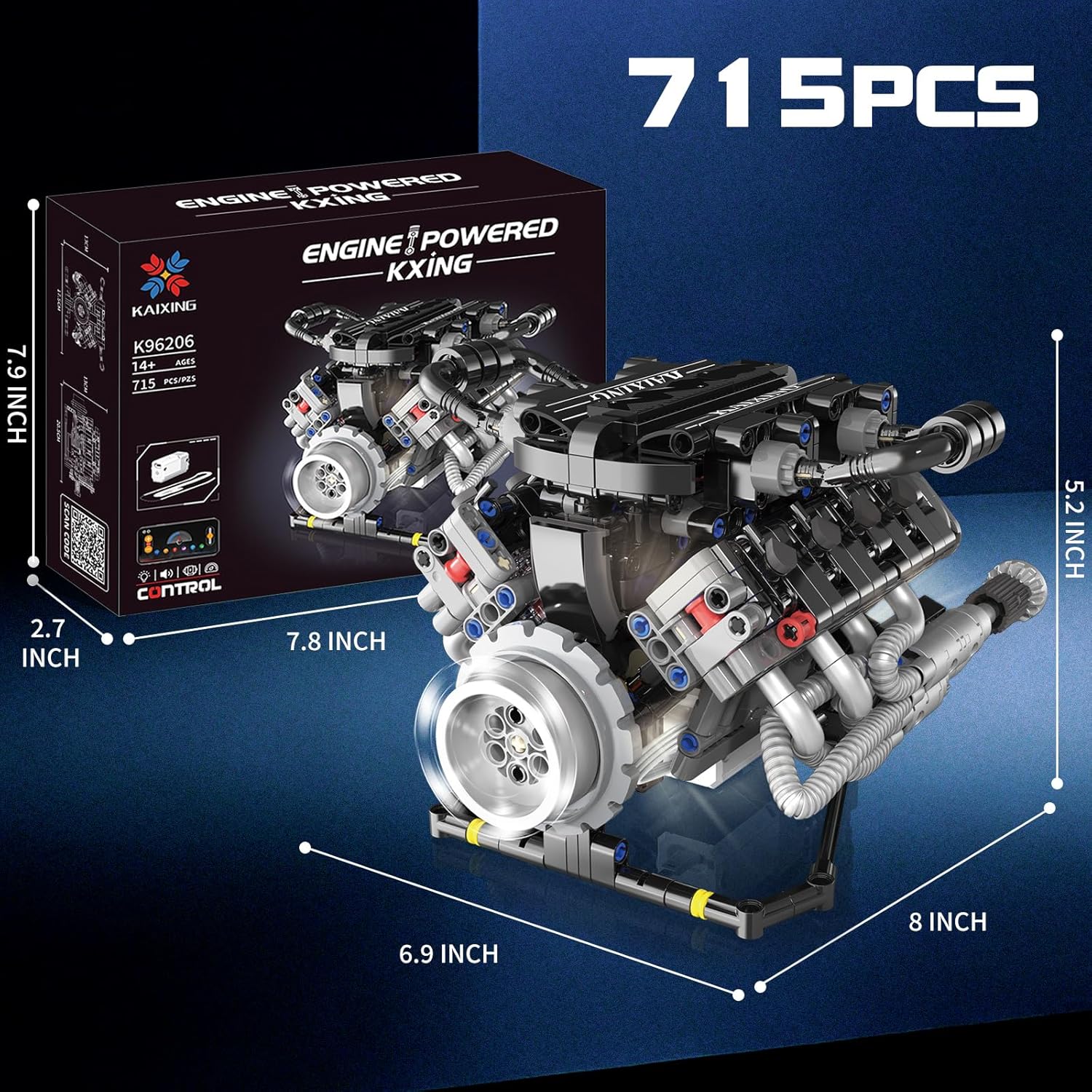 V8 Engine Model Kit that Works with LED Light & APP Control, 8-Cylinder Visible Engine Building Blocks Set, Build Your Own STEM Engineering Kit that Runs, Collection Set for Adults & Kids (715 PCS)