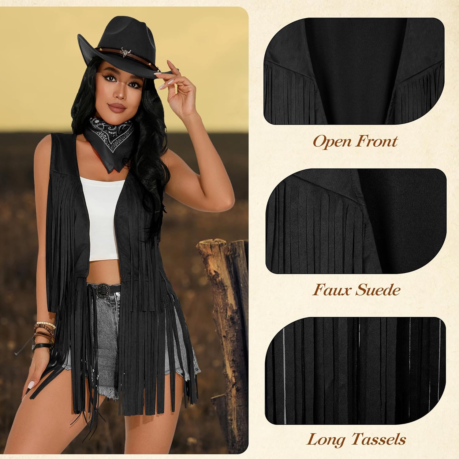 GERVAISE Womens Western Cowgirl Costume 70s Hippie Tassels Fringe Vest outfit Hat 5pcs - Image 2