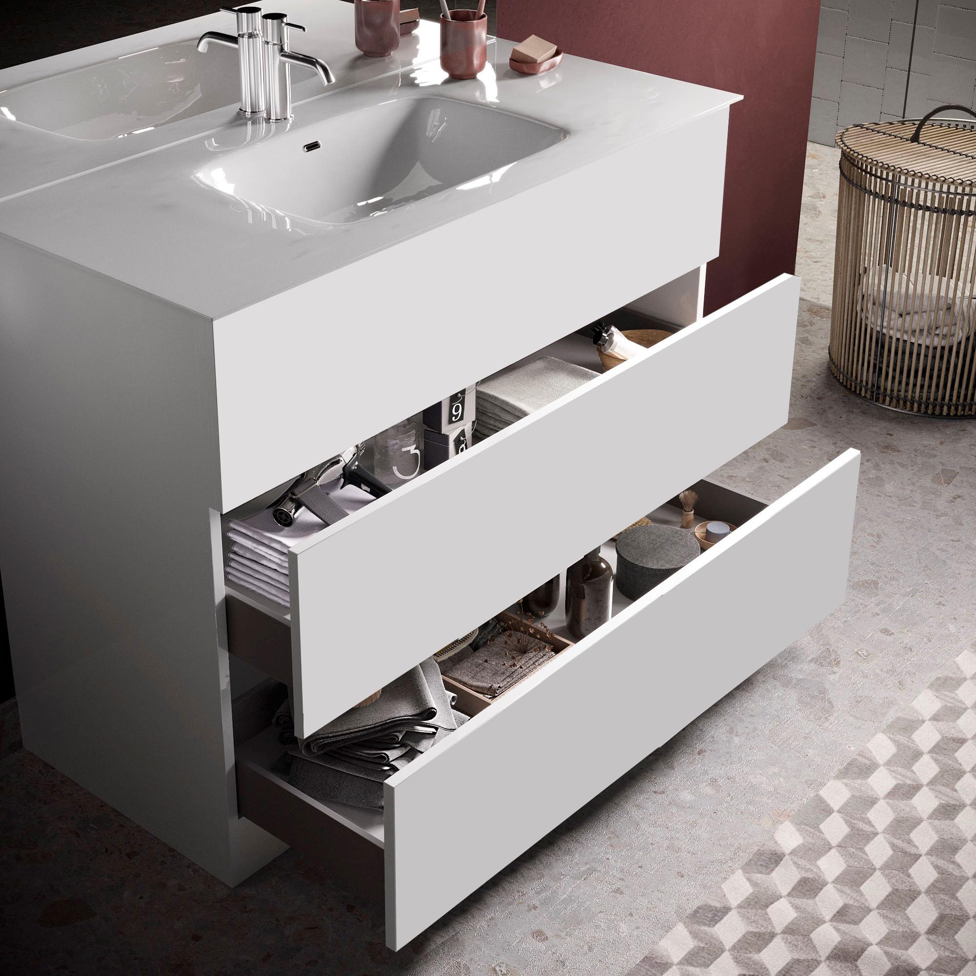 Web Convenienza Mobile Bagno con Cassetti Moderno - Mobiletto Lavandino Bagno - Colore Bianco Lucido - Base a terra 3 cassetti - 100 cm