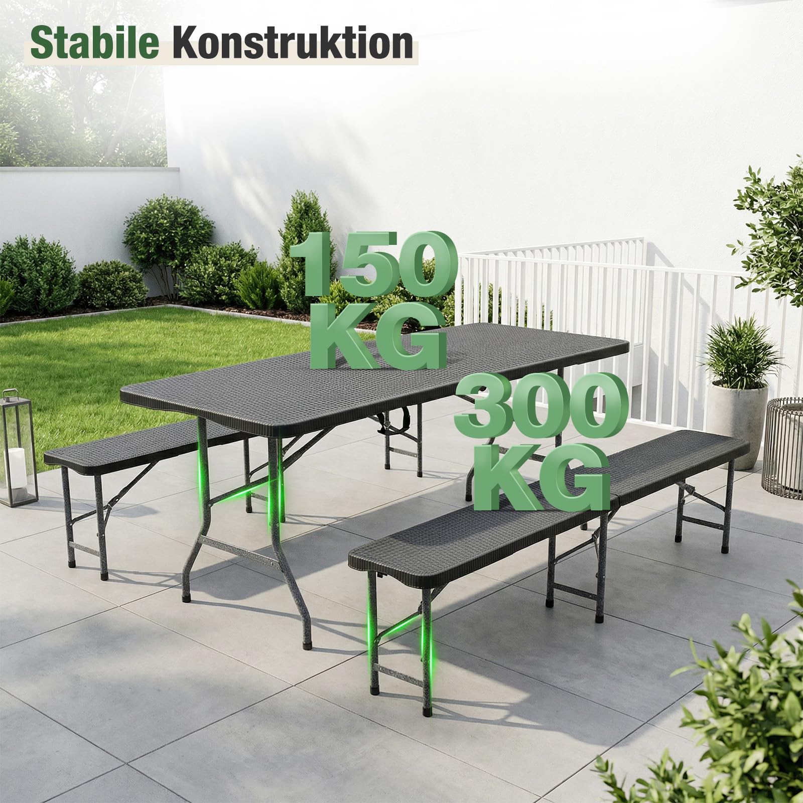 Sekey Bierzeltgarnitur Klappbar, Kunststoff Biertischgarnitur 180cm, 3-teilig Set Tisch + 2 x Bierbank mit Tragegriffe, Gartenmöbel Set für drinnen draußen, Festzeltgarnitur Rattan-Optik (Schwarz)