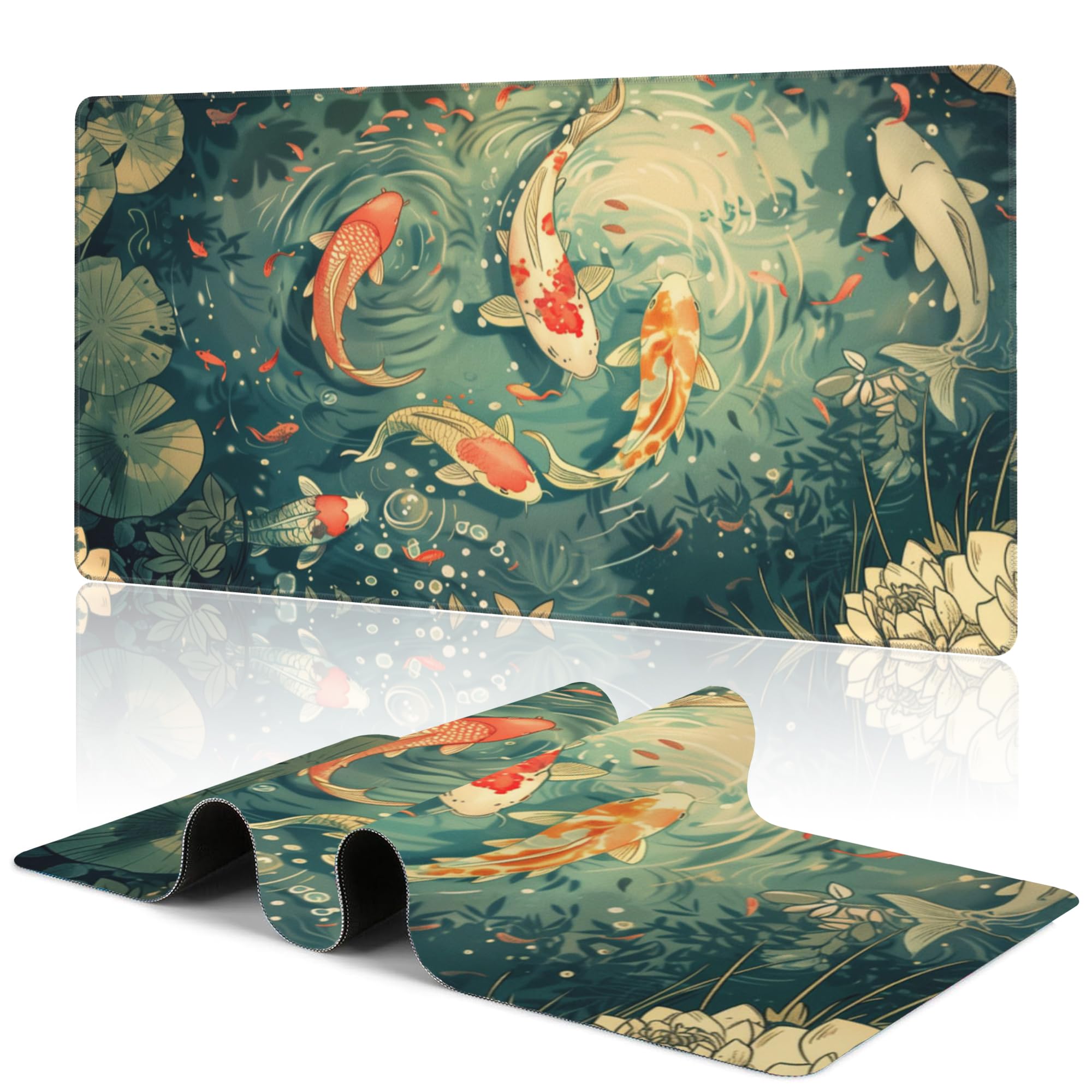 Alfombrilla de mouse grande extendida para juegos con diseño de estanque japonés, Lotus Koi, XXL, para teclado y mouse, base de goma antideslizante con bordes cosidos para decoración de escritorio de