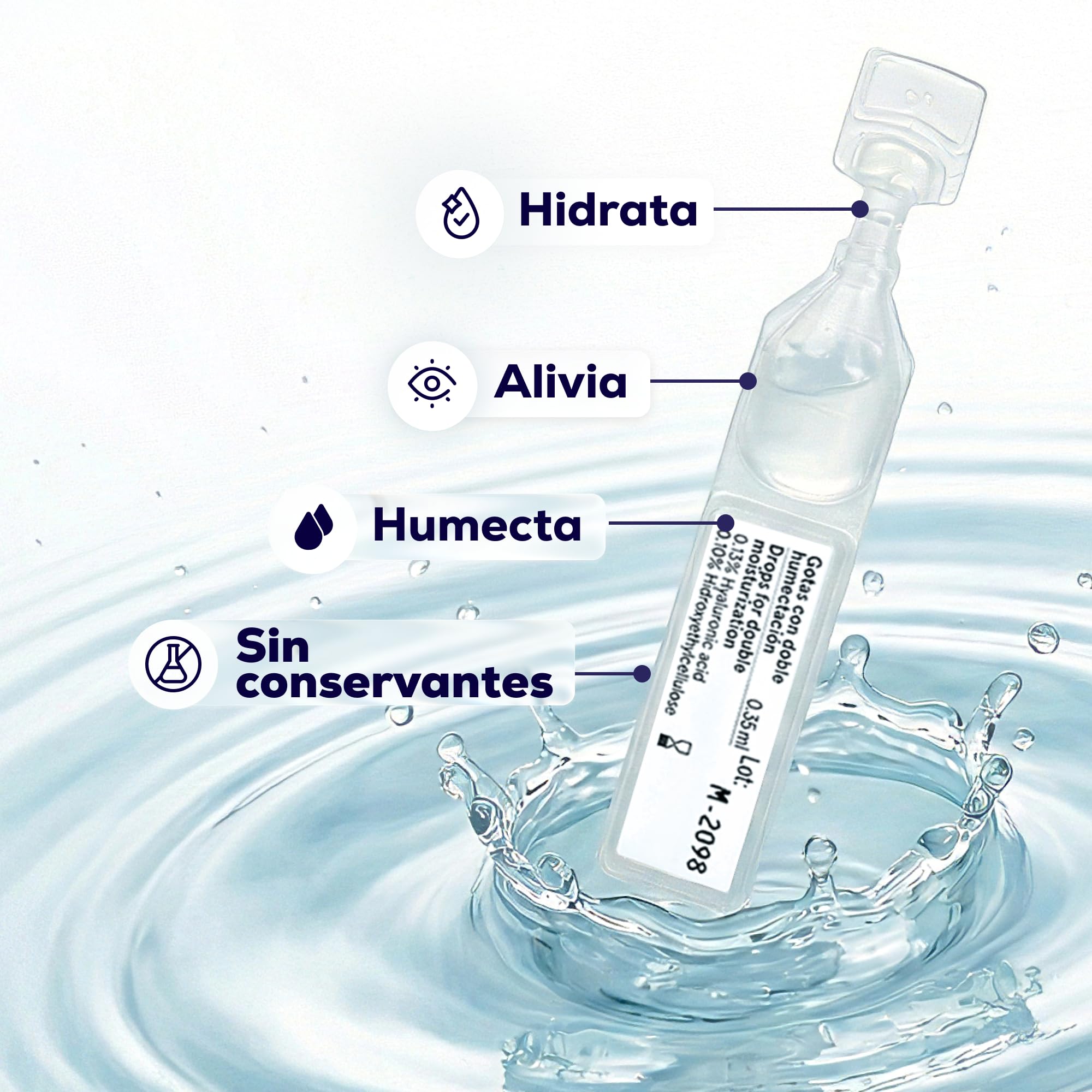 Gotas Ojos Secos Monodosis con Doble Humectación, Lágrimas Artificiales con Ácido Hialurónico e Hidroxietilcelulosa, Hidratantes, sin Conservantes, 20 Viales Monodosis de 0,35 ml