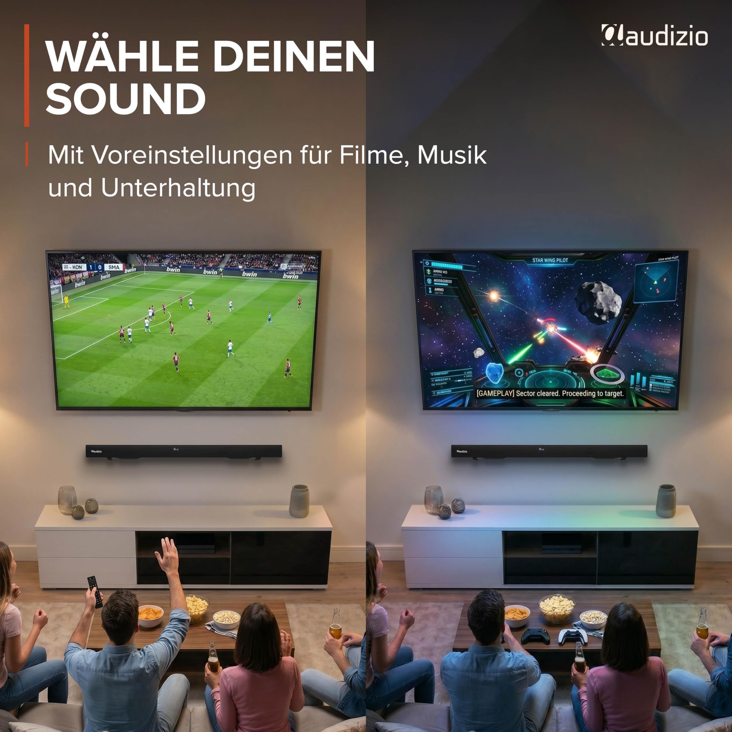 Audizio SB95 Soundbar für TV Geräte – Bluetooth 5.3, 120 Watt, HDMI ARC, Optisch, USB & AUX – Equalizer mit 3 Sound-Modi, TV Soundbar mit integriertem Subwoofer - Heimkino Soundsystem, 88cm - Schwarz