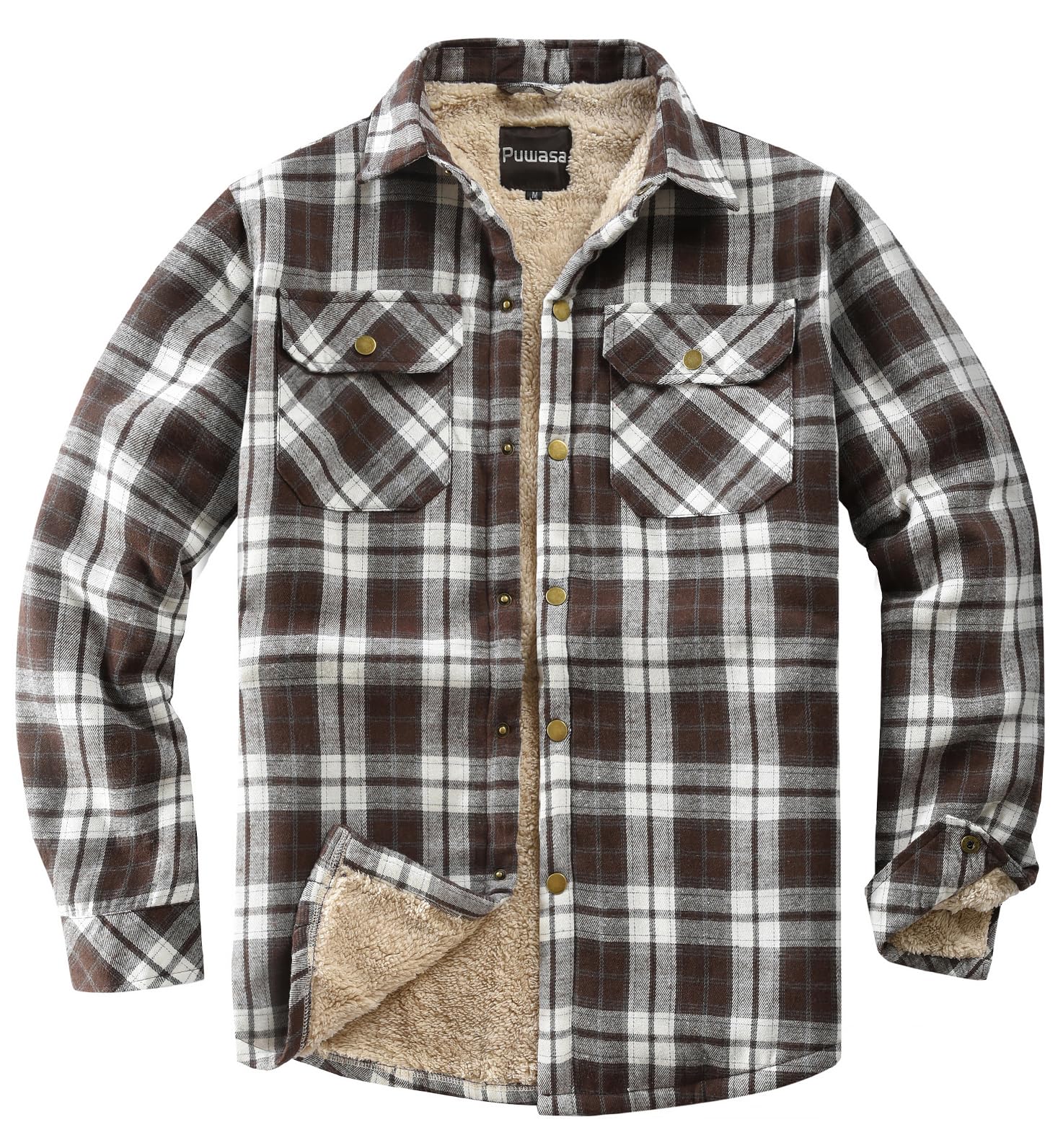 Men's Sherpa Cotton Flannel Shirt Jacket Plaid Button Coat Pocket