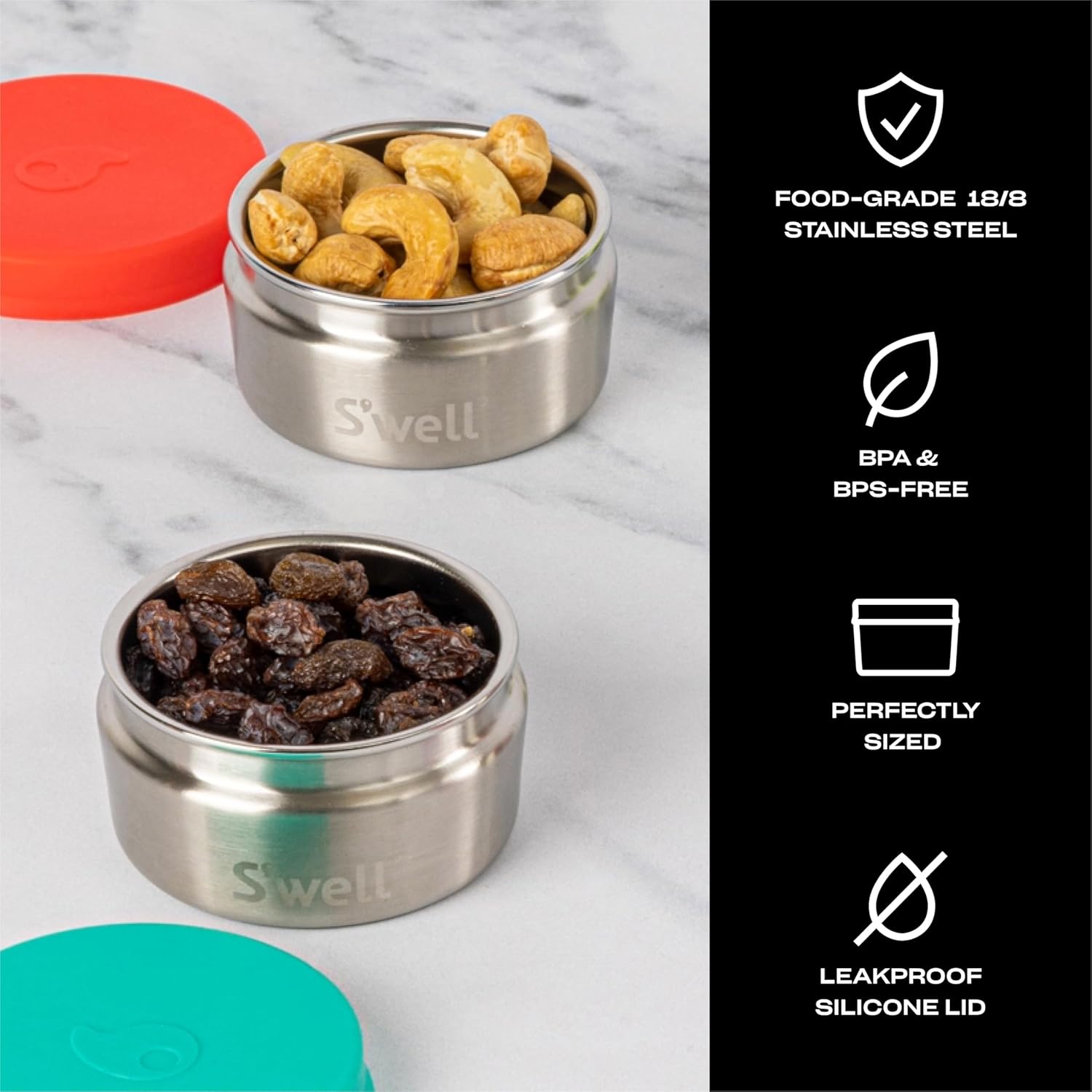 S'well Stainless Steel Condiment Container Set of Two, 2oz, Tangerine/Turquoise, Single Walled Durable Construction, Leakproof Silicone Lids, Dishwasher Safe - Image 2