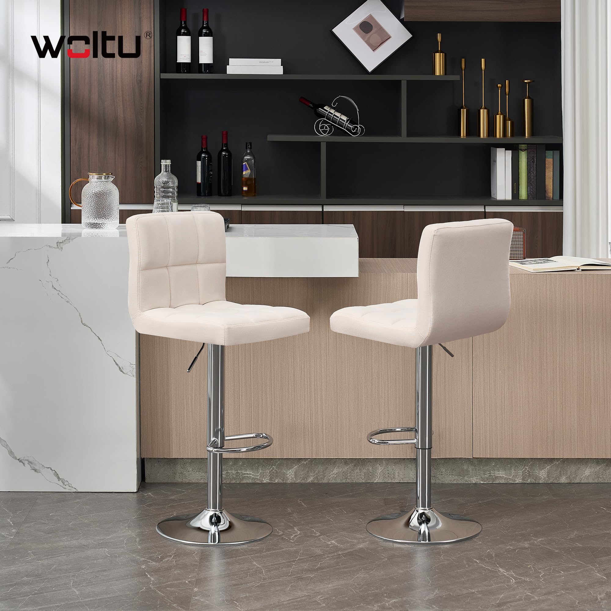 WOLTU Coppia Sgabelli da Bar, Sedia Alta Cucina con Schienale e Poggiapiedi, Moderni Design Sgabello Altezza Regolabile e Girevole, per penisola cucina, Bancone, Tessuto di Lino, Crema