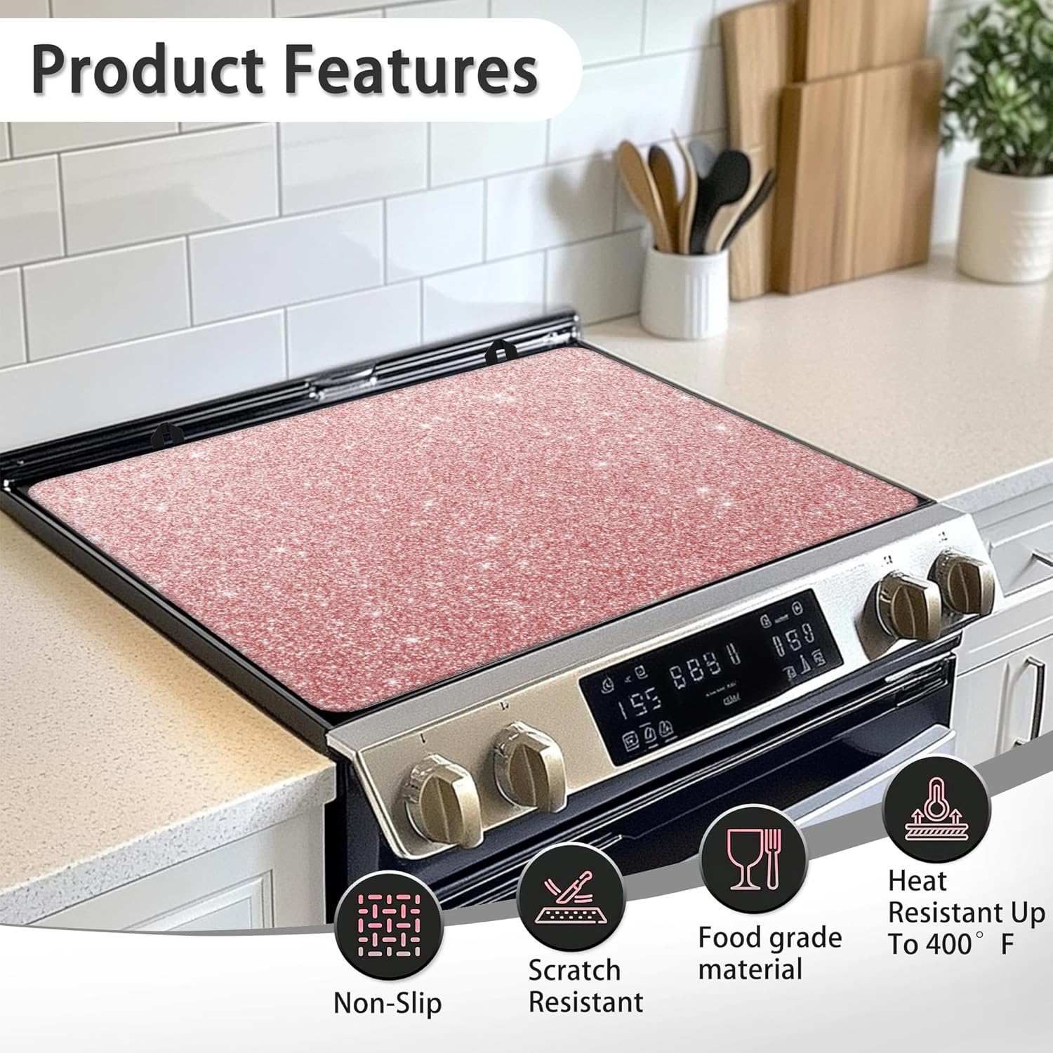 Electric Stove Top Cover Protector –Pink Gold Glitter Glass Flat Top Stove Mat Oven Induction Cooktop Mat for Ceramic Countertop Mats Heat-Resistant Dish Drying Mat