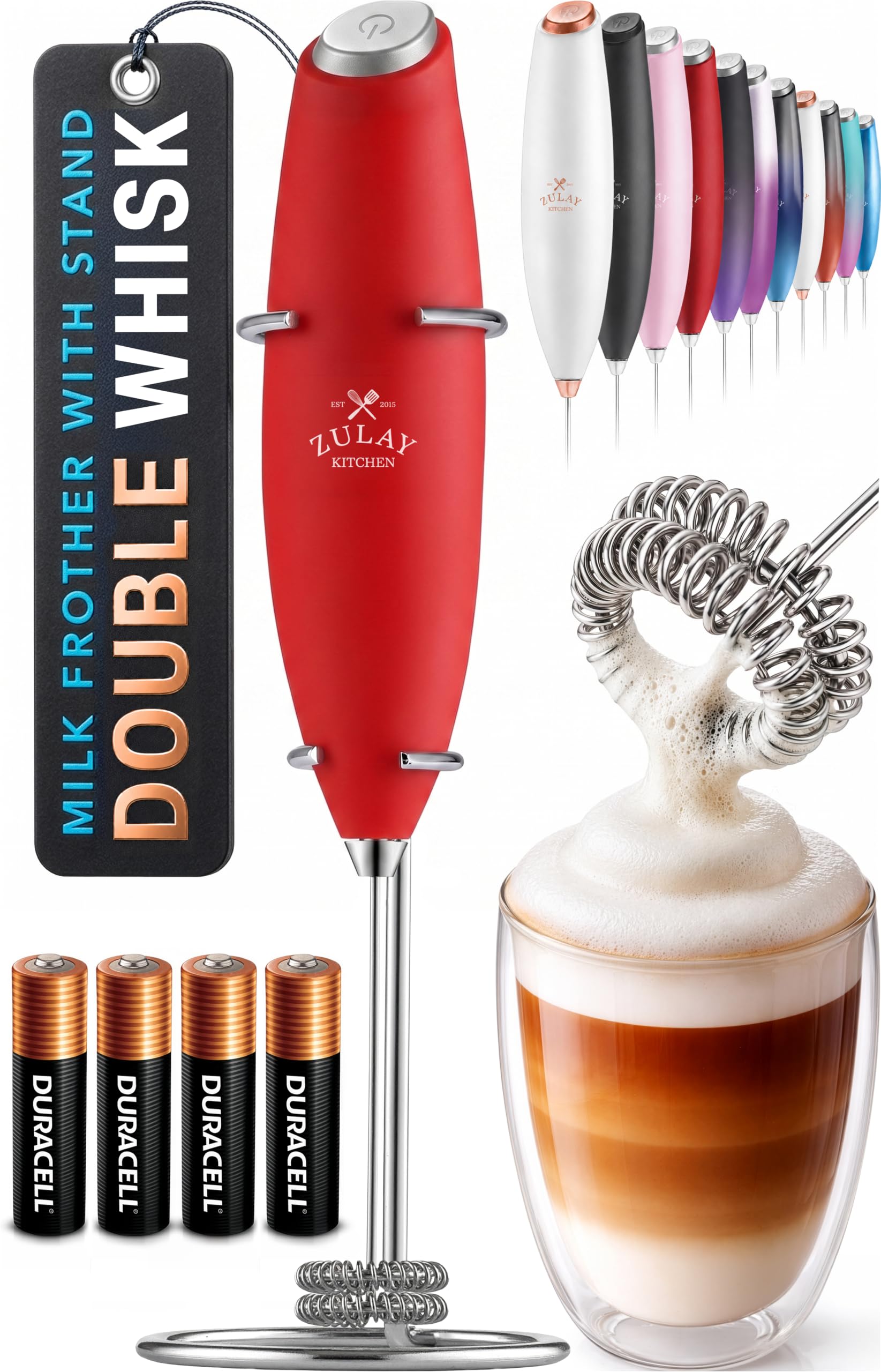 Zulay Kitchen Powerful Milk Frother Wand With Duracell Batteries - Ultra Fast Handheld Drink Mixer - Electric Whisk Foam Maker for Coffee, Lattes, Cappuccino &amp; Matcha - Double Whisk - Red