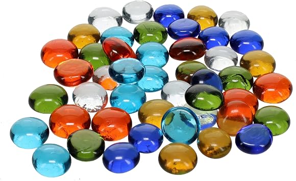 WE Games Replacement Glass Mancala Stones, 48 Pcs - 0.5-Inch Flat Assorted Colors, with Cloth Drawstring Bag Travel-Friendly Two-Player Board Games