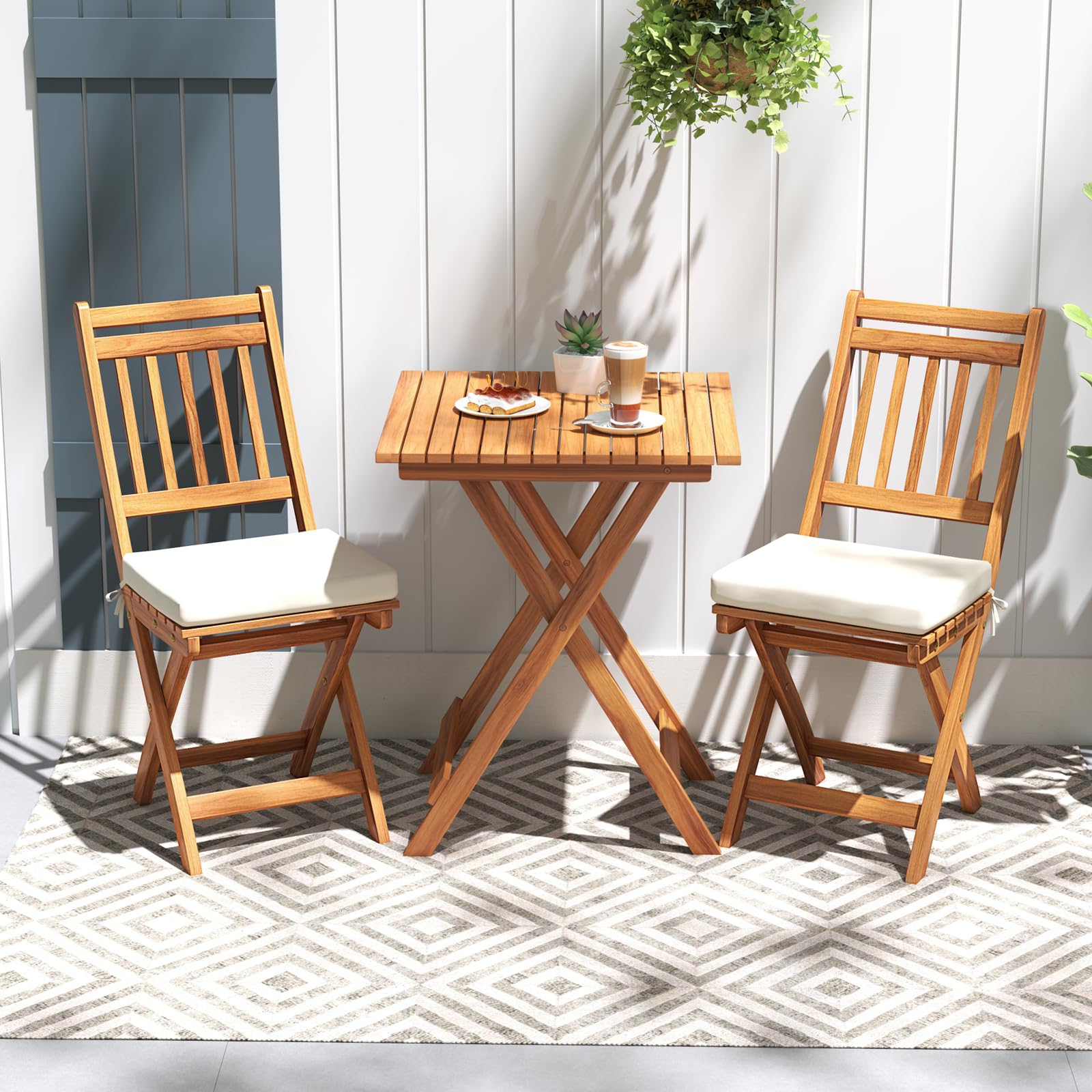 COSTWAY Ensemble de Table et Chaises en Bois d’Acacia 3 Pièces, Comprenant 1 Table et 2 Chaises Pliantes Coussins Rembourrés, Ensemble de Mobilier pour Intérieur et Extérieur (Beige Modèle2)