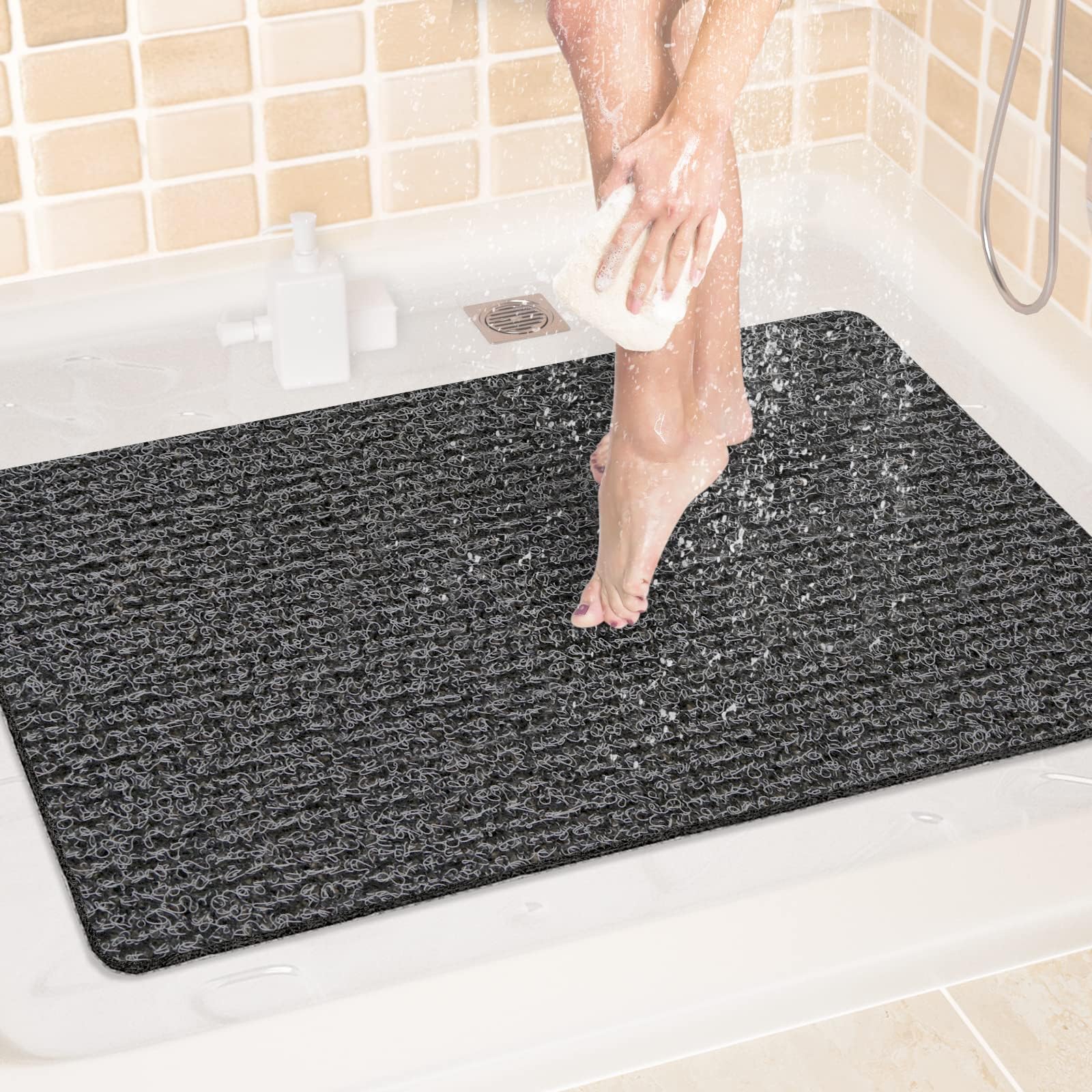 Non-Slip Shower Mat - 24x32 Inch, PVC Loofah Design, Quick Dry With Drain Holes