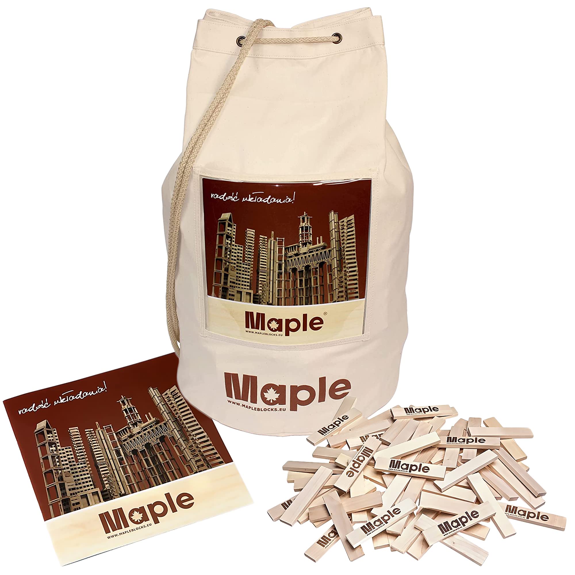 Maple 400 Holzbausteine mit Seesack Natur Bausteine Bauklötze Holzplättchen rechteckig im Stoffbeutel