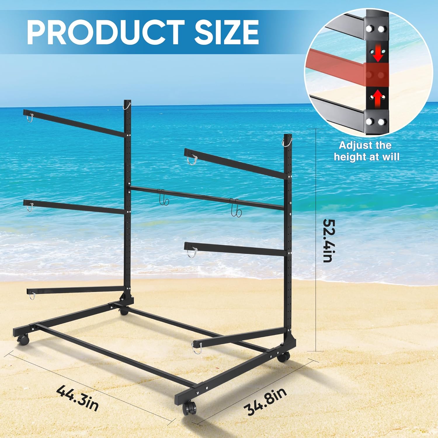 kayak storage rack, heavy duty freestanding kayak stands, boat/canoe/paddleboard holder, space saving garage organization system, easy roll mobility for indoor outdoor use 3-level-b