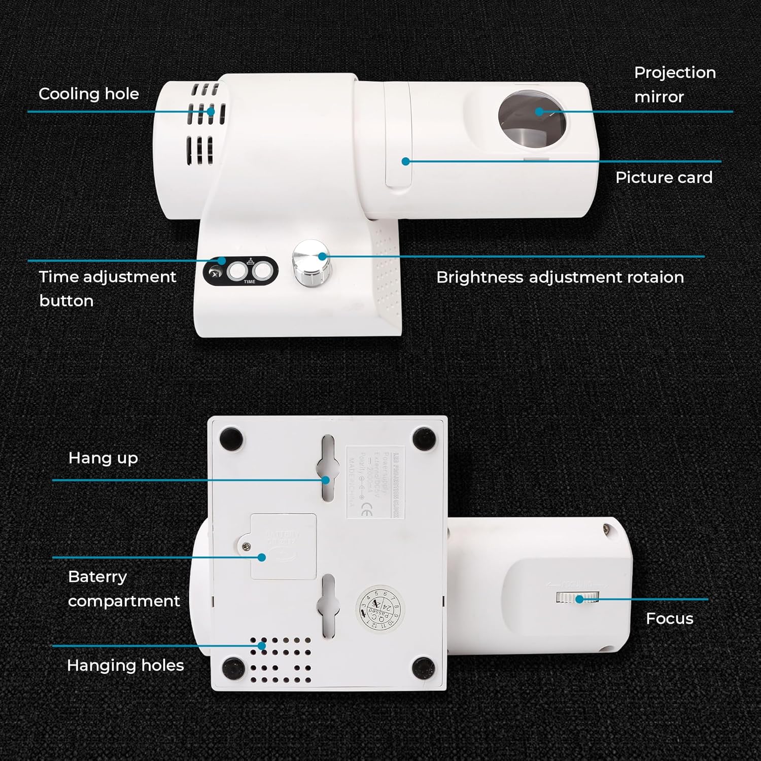 180° Adjustable LED Projection Alarm Clock, Wall Clock with 5 Dimming Color and Knob Focusing, Analog Clock Face with Brightness Adjustable, Clearly Visible for Home Decor (White)