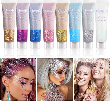 8 Color Body Glitter,Face Glitter Gel,Hair Glitter,Self Adhesive Glitter Gel,Chunky Glitter Festival Accessories,Cosmetic Glitter Makeup