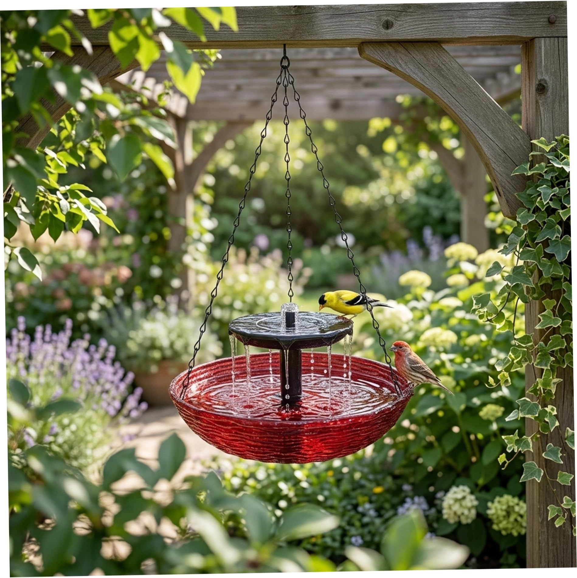 Vaschetta per Uccelli sospesa ad energia Solare per Esterni, Fontana per Uccelli per Giardino, Patio e Cortile (23x56 cm) Rossa