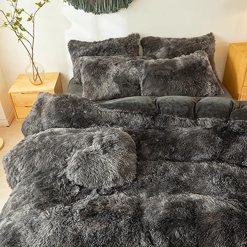 Miniatura 224 de Juego de funda de edredón rosa esponjosa tamaño Queen – Juego de ropa de cama de felpa de pelo sintético rosa de 3 piezas