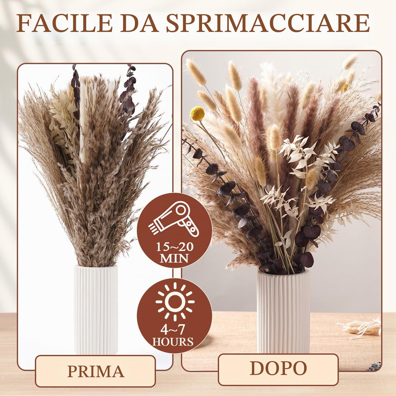 89 PCS Bouquet di Pampas Grass Essiccato, Decorazione Boho per Matrimoni, Tavoli e Casa | Erba della Pampa Bianca e Marrone | Bunny Tails, Fiori Secchi per Eventi Rustici e Arredamento Estiv