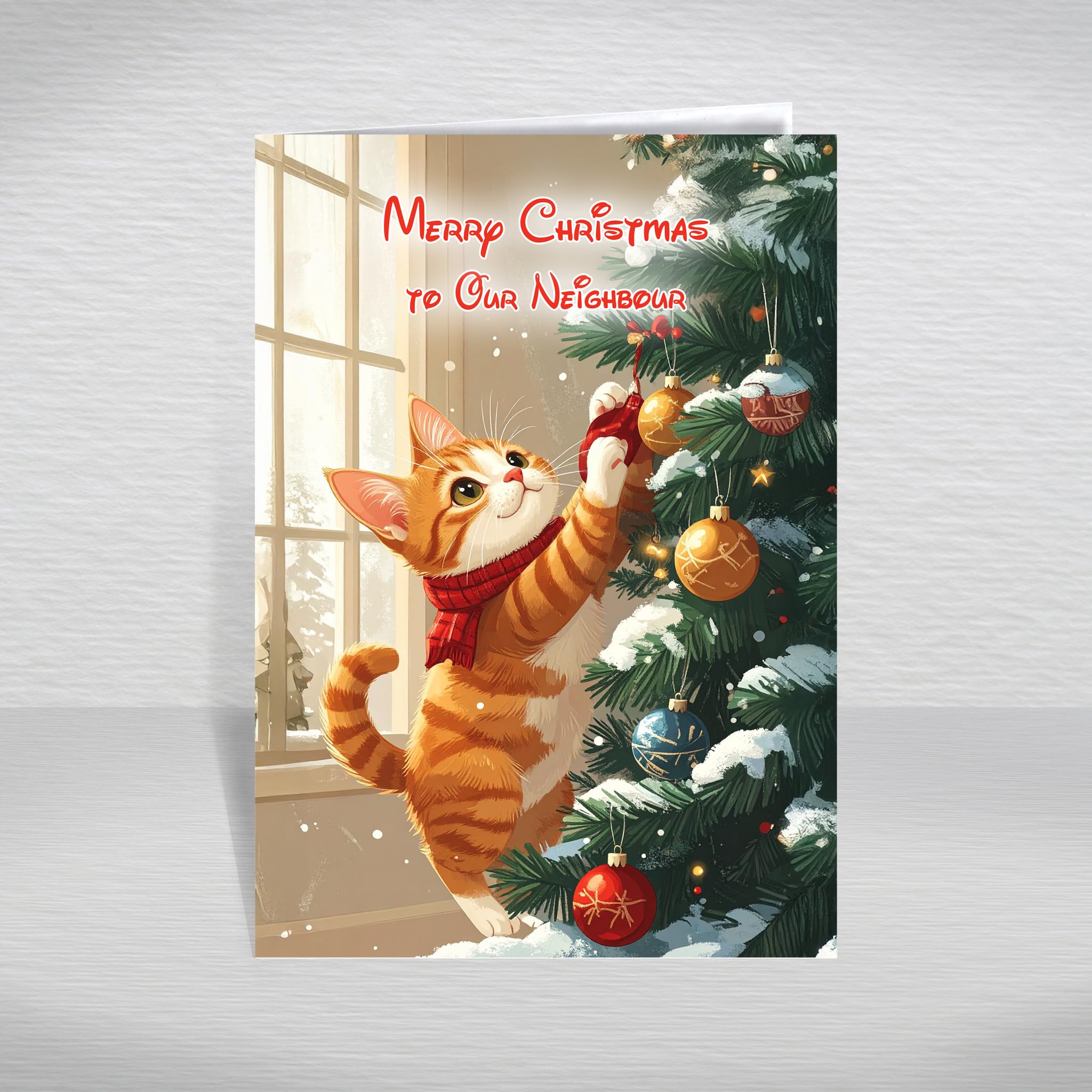 Cat Christmas Card for Our Neighbour – Funny Kitten Playing with Christmas Tree Baubles, A5 Cute Cartoon Cat Greeting Card with a Special Verse Inside: to Our Neighbour Christmas Card — image 1