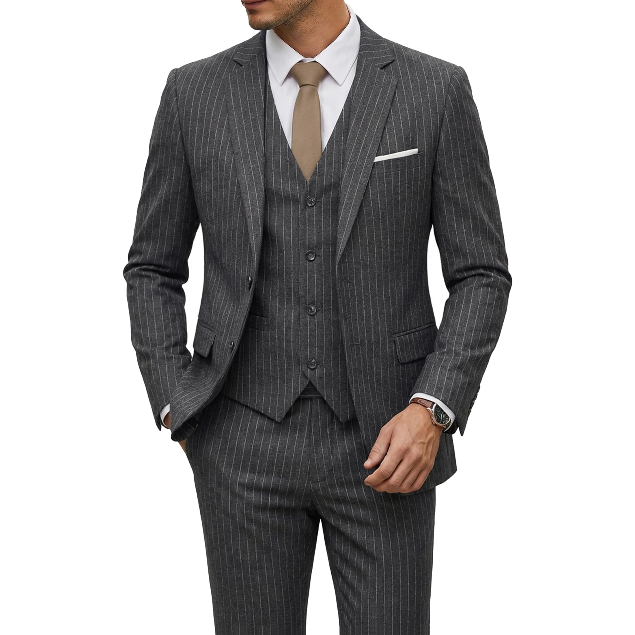 YND Men's 3 Piece Suit Set with Tie, 2 Button Slim Fit Solid Blazer Jacket Vest Pants, Business Wedding Party Suits for Men