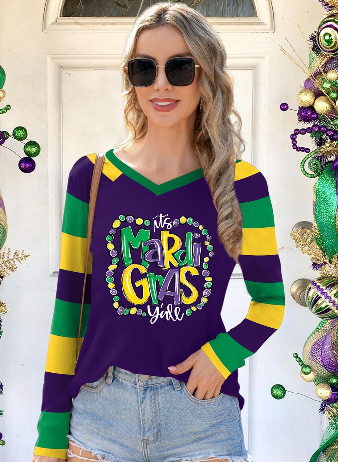 Mardi Gras Long Sleeve Shirts for Women: Funny Mask Graphic Tee Carnival V Neck Tshirt New Orleans Party Tops - Image 3