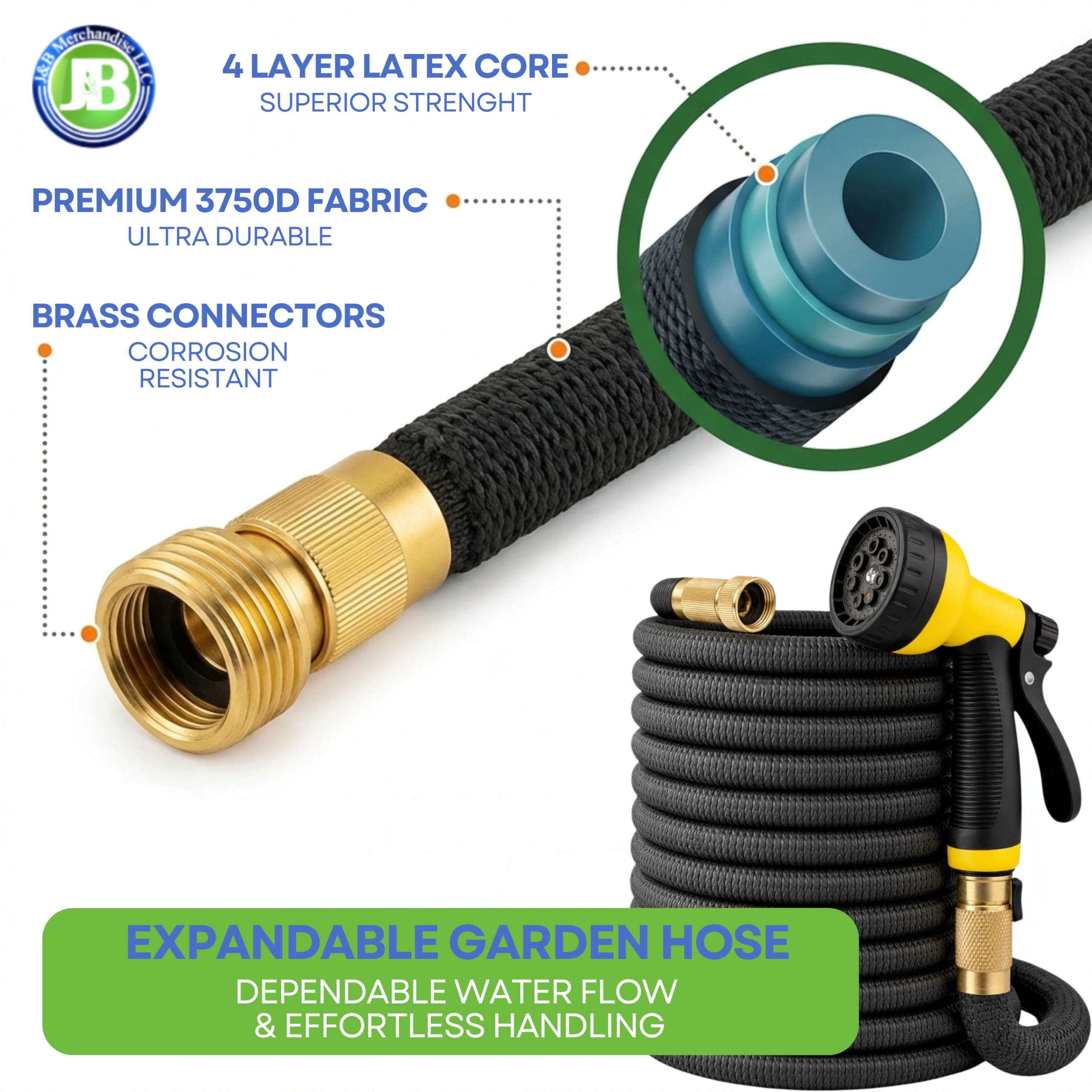 J&B XpandaHose 180 cm rozszerzalny wąż ogrodowy z uchwytem - wytrzymały potrójny warstwowy rdzeń lateksowy i 10 dysz natryskowych z torbą do przechowywania (czarny, 75) (75, czarny)