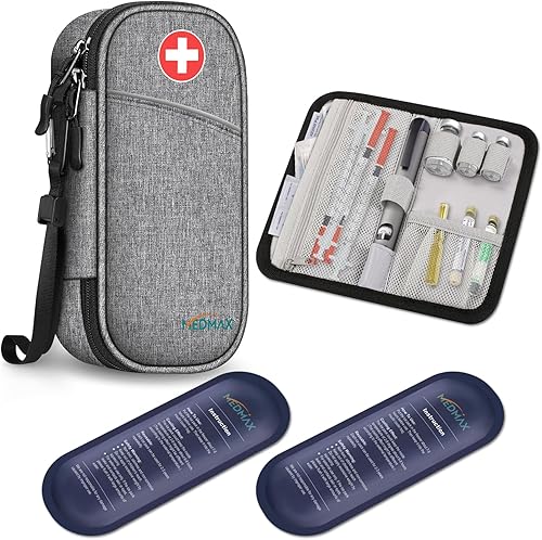 MEDMAX Maletín de viaje con 2 paquetes de hielo, resistente al agua, aislado, organizador de medicamentos para diabéticos, bolsa de transporte con