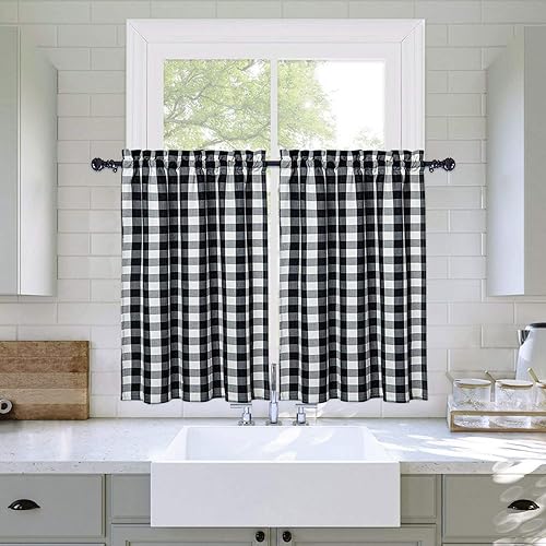 Haperlare Classic Country Farmhouse - Cortinas de algodón para ventana de cocina, cortina de baño, cortina de lana gruesa teñida, a cuadros, media