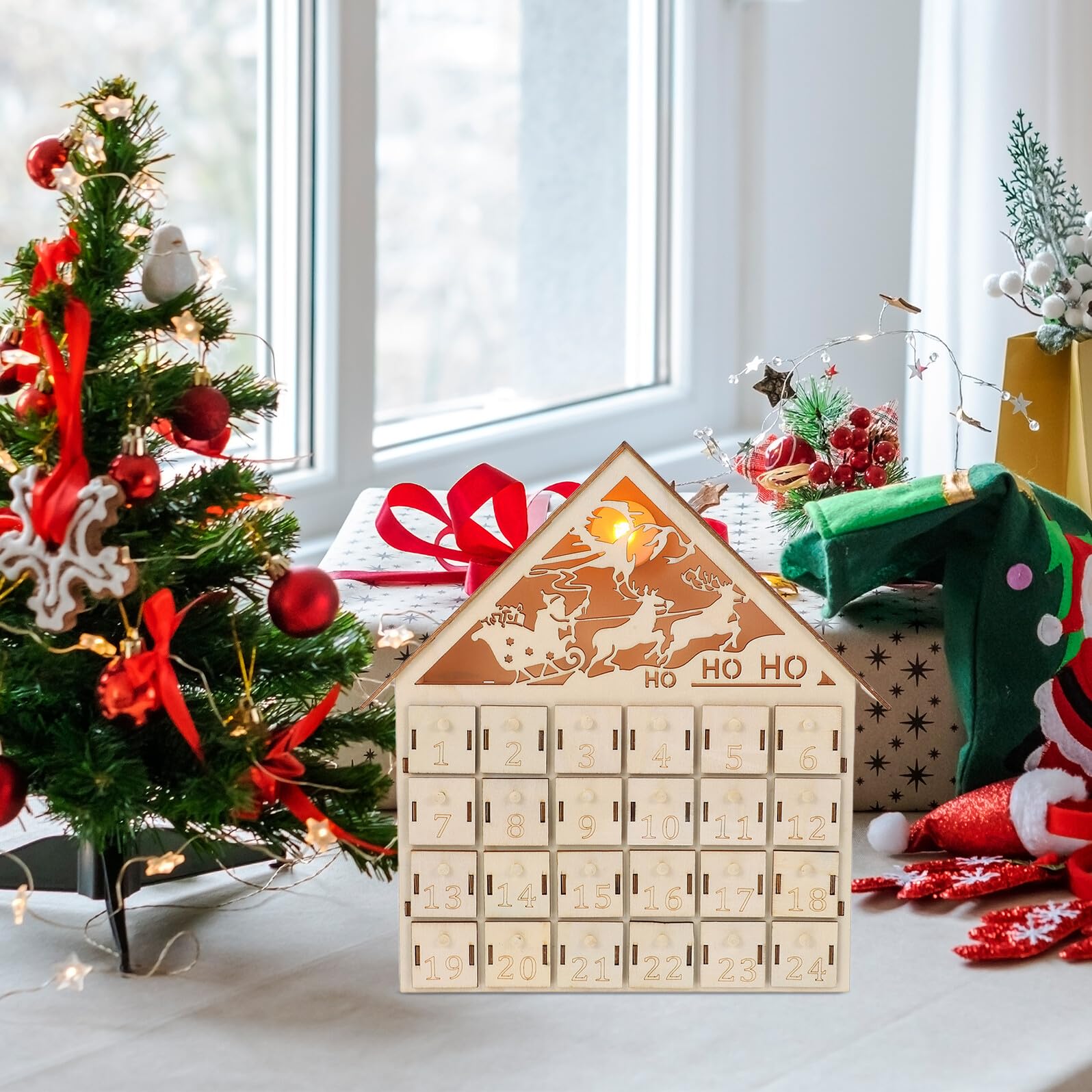 GLEAVI Calendario de Adviento de Madera Iluminado Calendario Reutilizable de Rellenables para Regresiva de Navidad Decoración de Mesa Rústica con Luz LED para Tradiciones Familiares