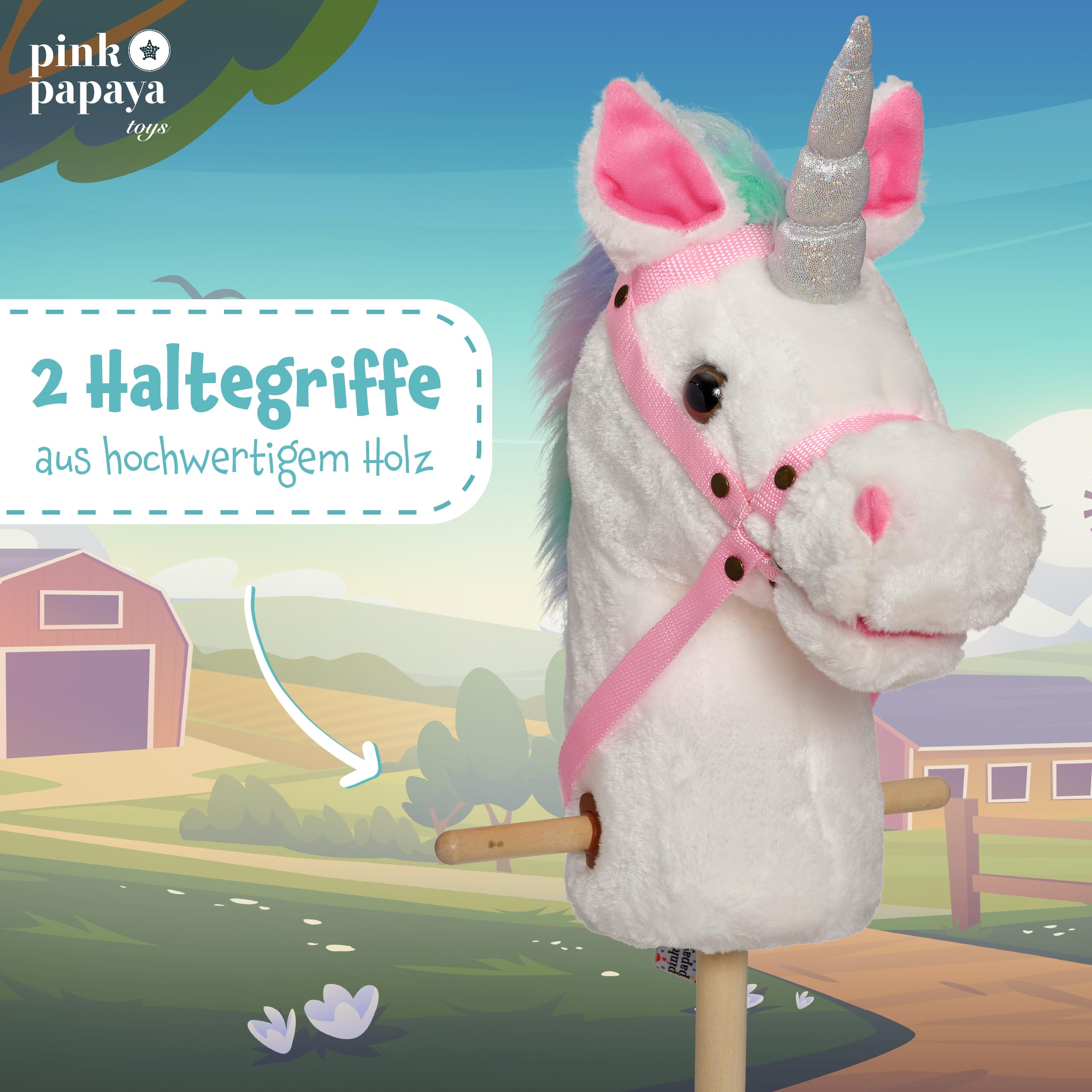 Pink Papaya Hobby Horse, Tęczowy, uroczy konik wykonany z materiału z funkcją dźwiękową: rżenie i odgłos galopu