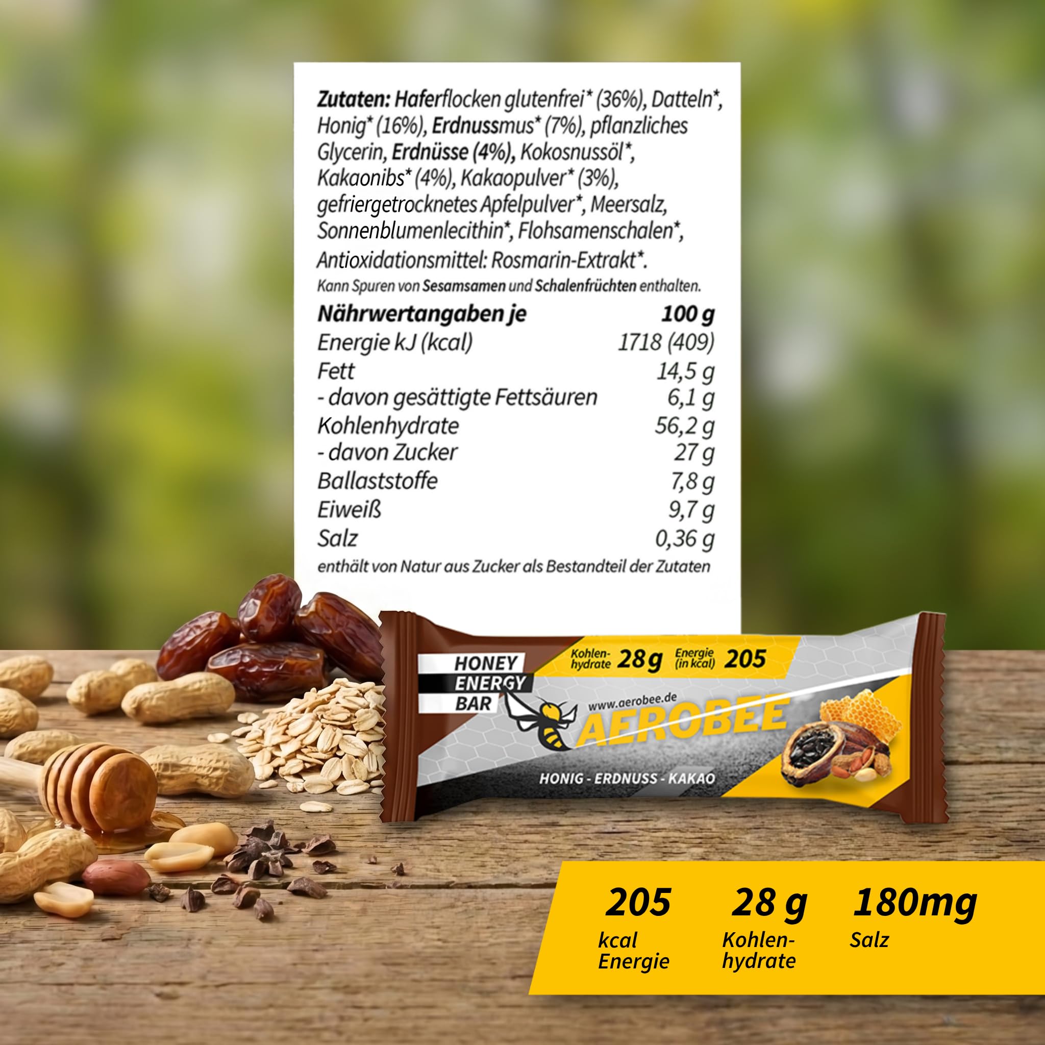 AEROBEE Energieriegel Honig, Erdnuss & Kakao – Haferriegel ohne Zuckerzusatz mit 12mg Koffein – Natürlicher Powerriegel für Ausdauersport, Marathon, Radfahren, Wandern & Büro – 12 x 50 g
