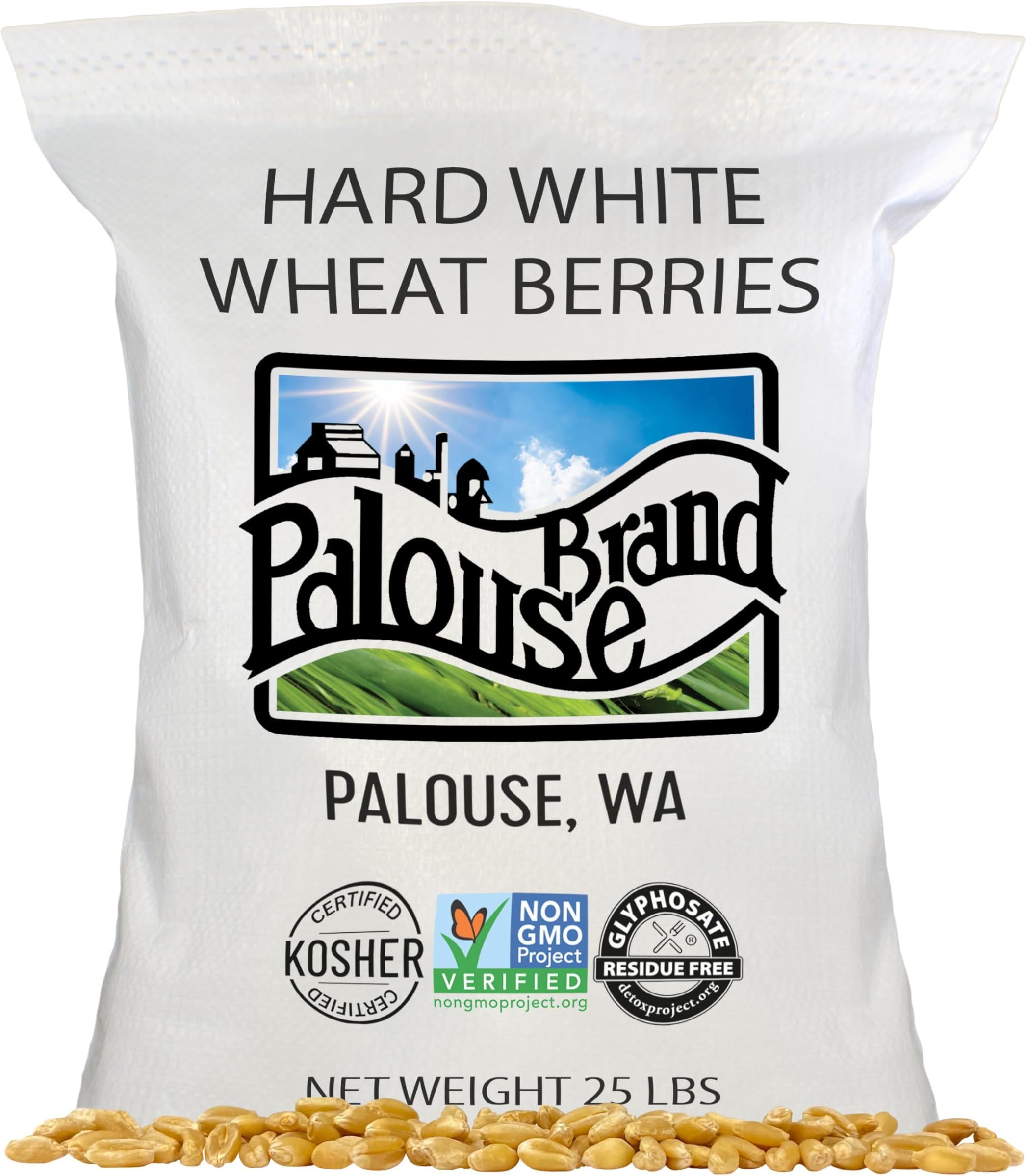 Palouse Brand Certified Glyphosate Residue Free Hard White Wheat Berries | 25 LBS | Family Farmed in Washington State | Sproutable | Non-GMO Project Verified | Kosher