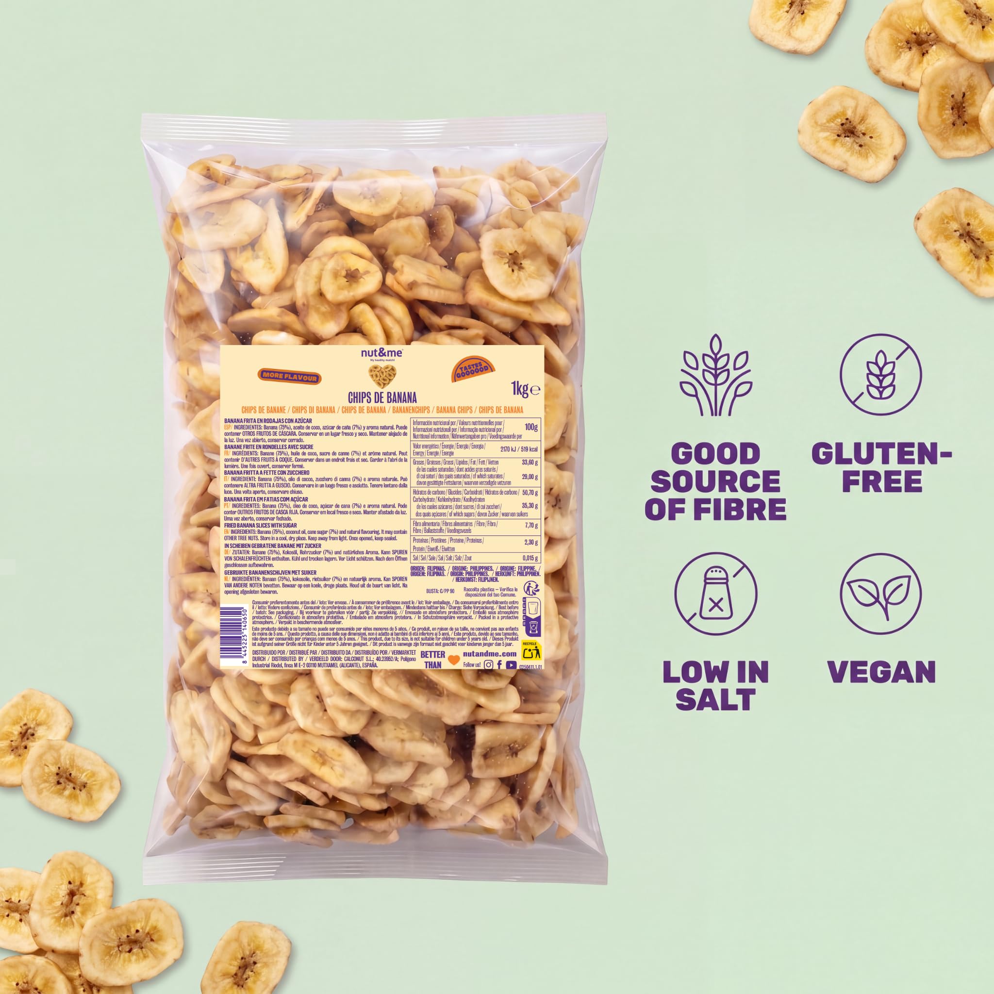Chips de platano 1 kg nut&me | Vegetariano | Sin lactosa| Vegano | Bajo contenido en sal | Snack ideal