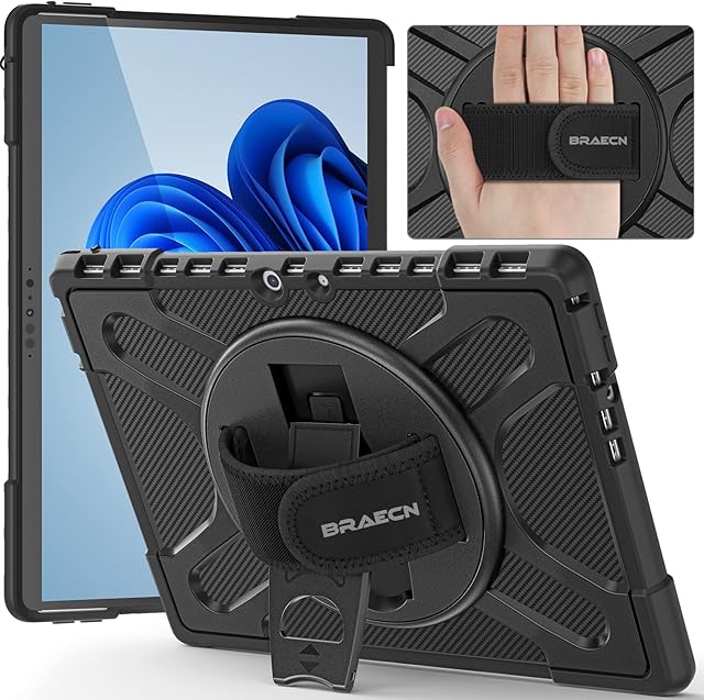 BRAECN Case for Microsoft Surface Pro 8 13 inch 2021, Heavy Duty Rugged Protective Cover with 360° Rotating Kickstand & Hand Strap, Black
