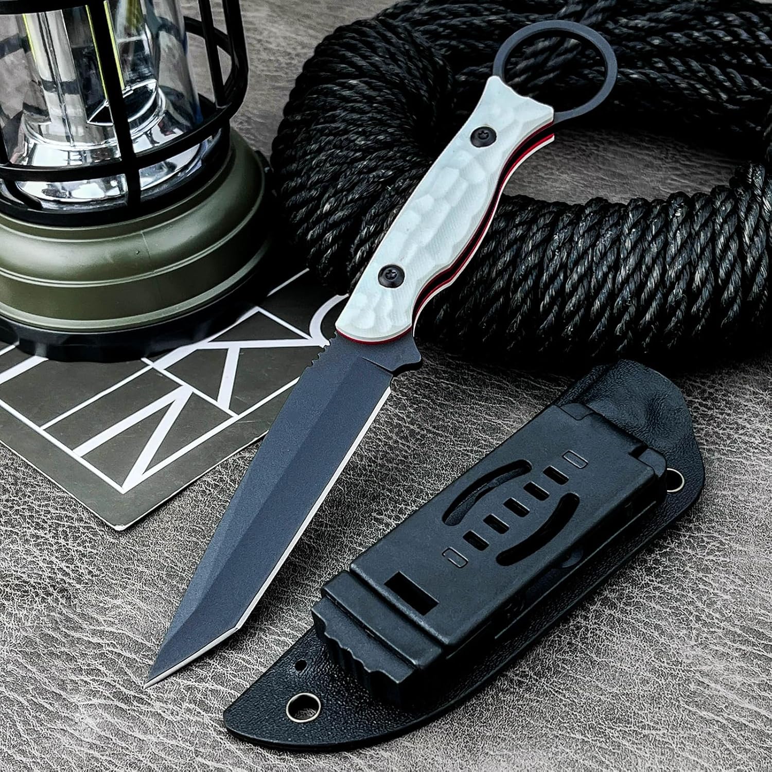 Tanto Fixed Blade Knife, Tactical Knife With Kydex Sheath, 8Cr13Mov Steel Blade and G10 Handle, Outdoor Knives for Camping Hiking Fishing, Hunting, BBQ, Gift Men (White) - Image 2