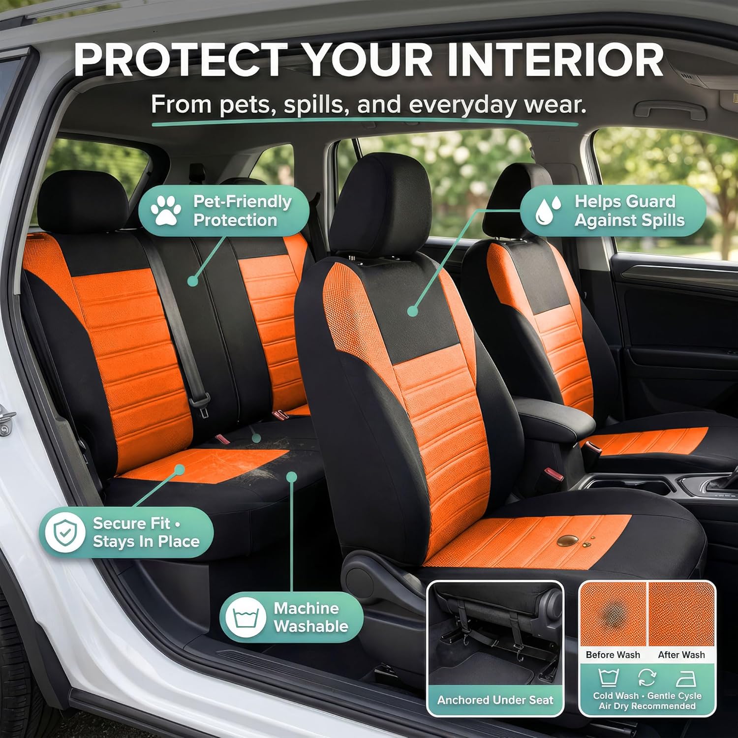 FH Group Automotive Car Seat Covers Full Set Premium 3D Air Mesh Front Seat Covers, Airbag Compatible & Split Bench Cover Universal Fit Interior Accessories for Cars Trucks and SUVs - Orange