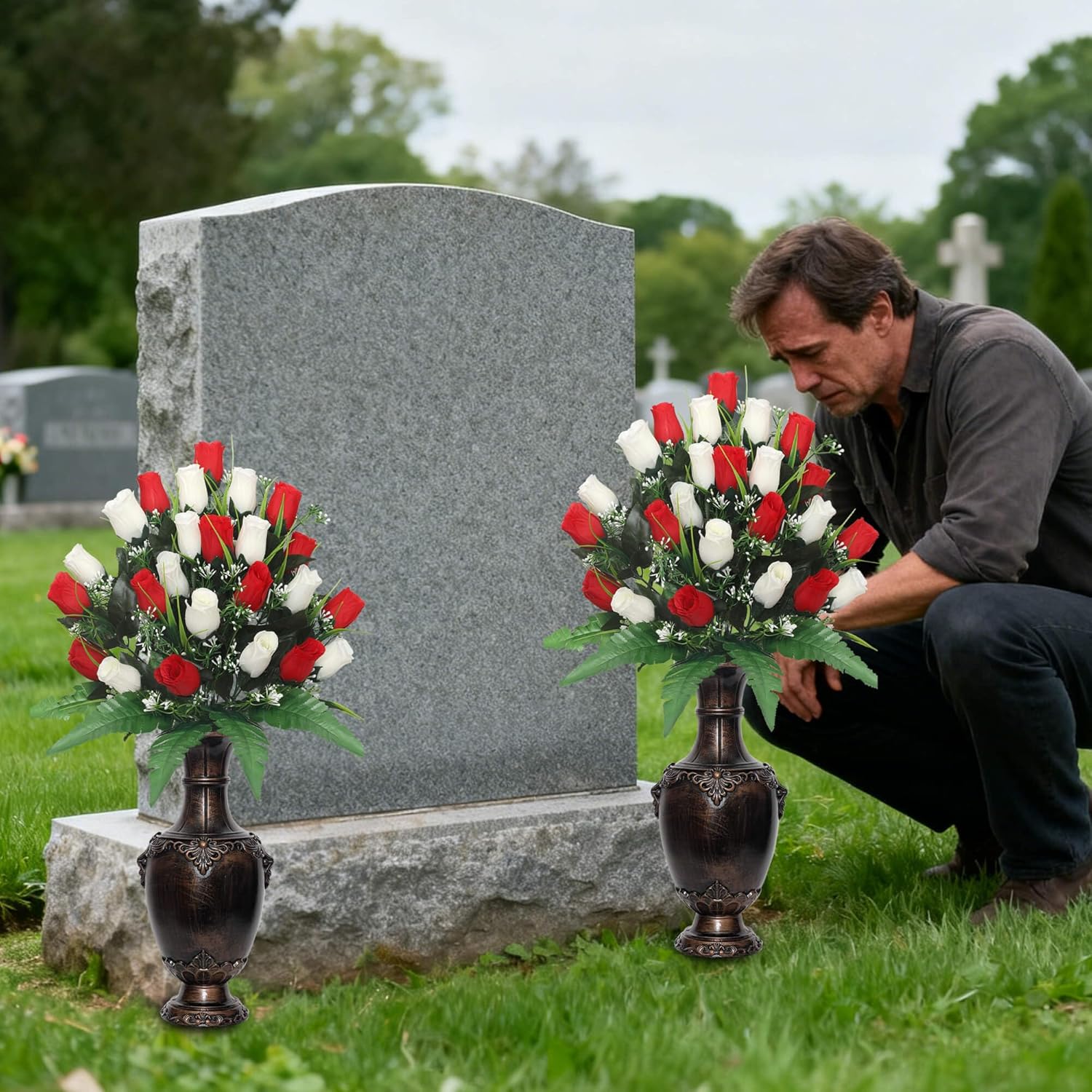 Memorial Grave Vase with Ground Spikes,Cemetery Vase, Headstones Flower Holder, Vases for Artificial Flowers for Grave Markers Cemetery Decorations ﻿ (2, Bronze)