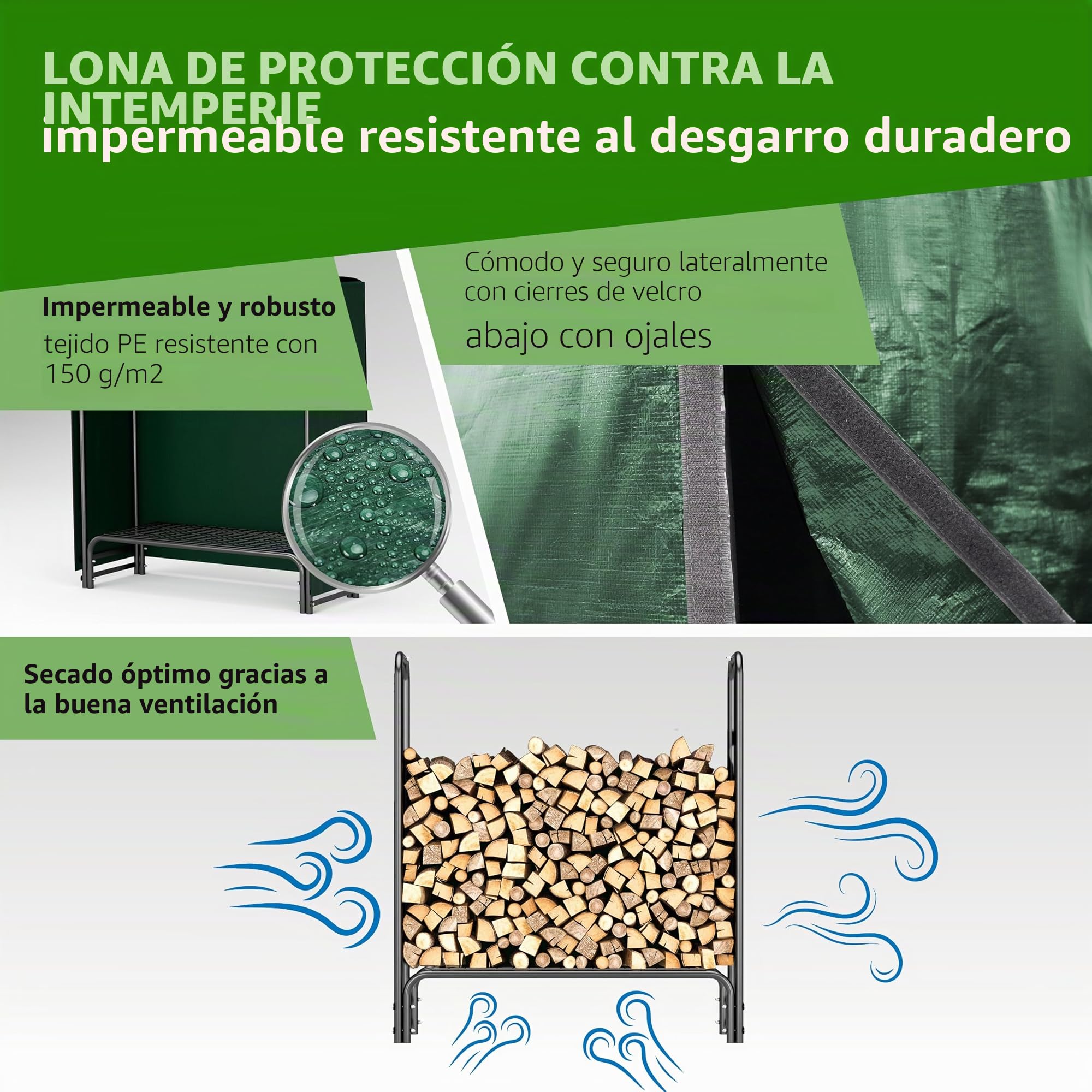 TTL Commerce Garden Estantería para leña S 100 x 36 x 116 cm negro con cubierta, para interior y exterior, hasta 200 kg, lona de protección resistente a la intemperie, marco tubular de metal de acero