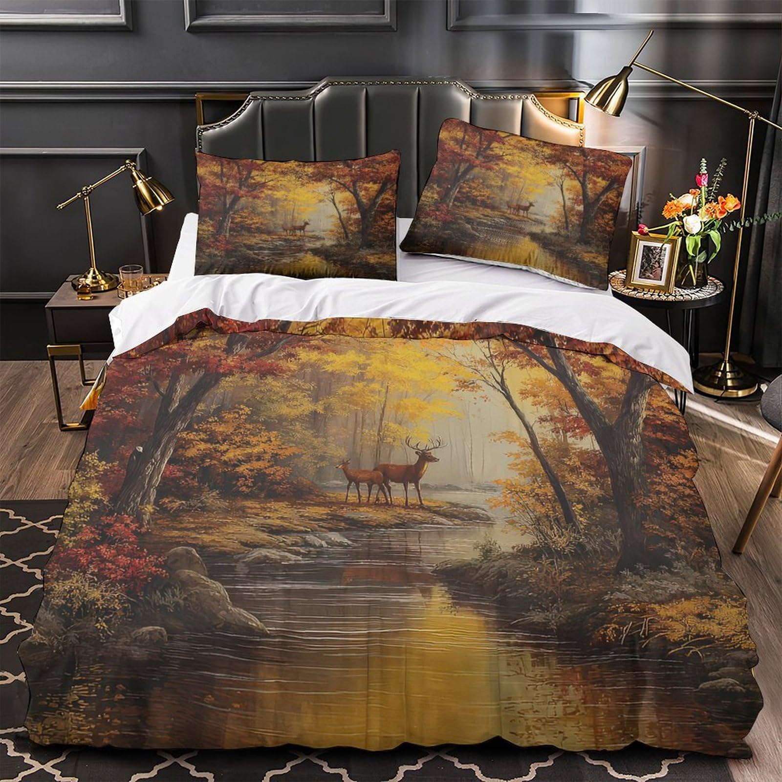 Linge de lit King ensemble de literie 3D forêt d'automne en microfibre douce avec 2 taies
