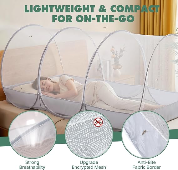 Orzbow Large Mosquito Net | Portable Pop Up Mosquito Tent for Insect | Fly & Bug Protection with Charging Cable Access and Storage Pocket for Bed, Camping, Travel, Outdoor, 74.8 x 35.4 x 33.4