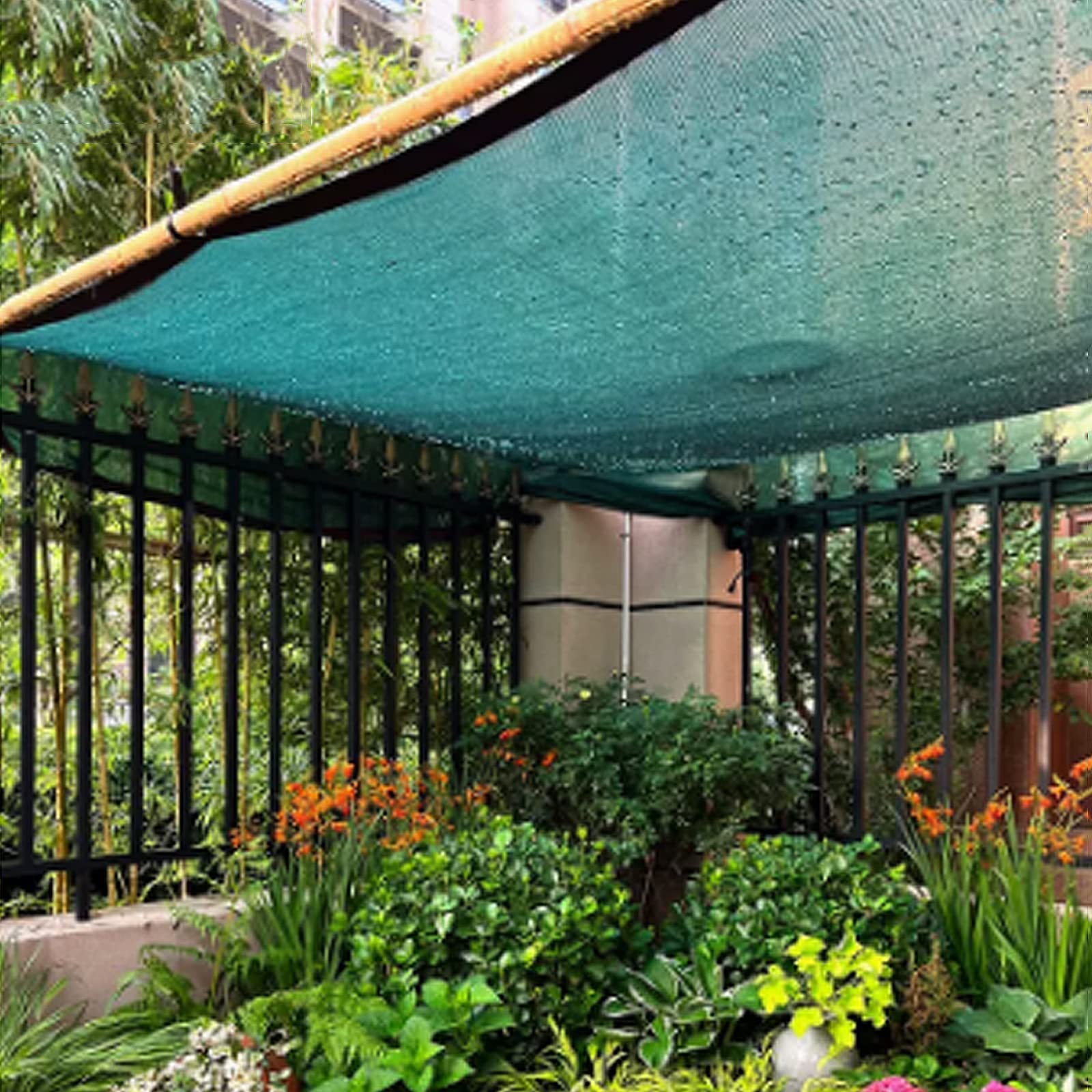 Zewnętrzna siatka zacieniająca, oddychająca, ochrona przed słońcem, tkanina HDPE z liną, ciemnozielona, 8 x 9 m, na balkon, do ogrodu, basenu, ochrona przed promieniowaniem UV