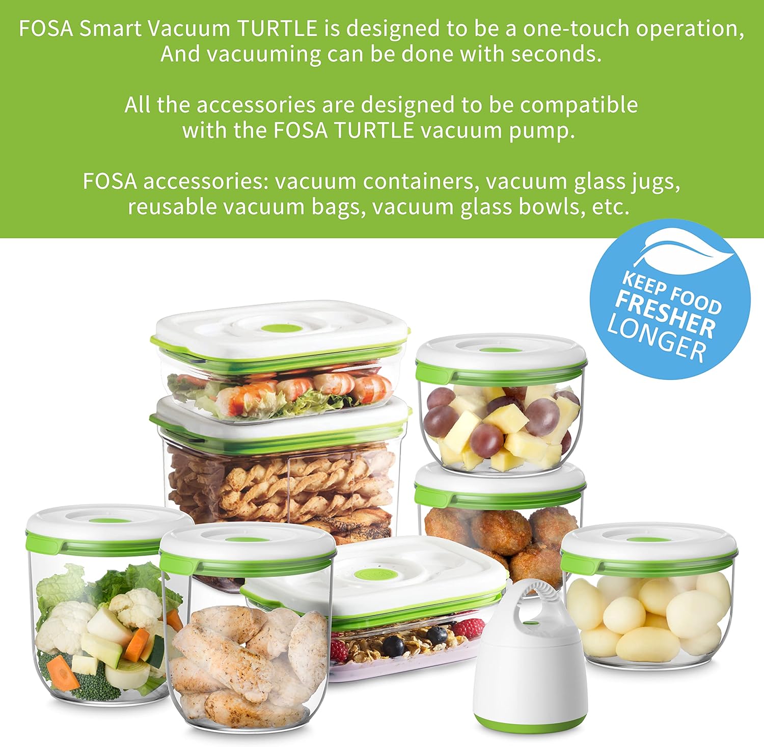 FOSA vacuum storage container set, 8pcs vacuum containers(28oz, 34oz, 45oz and 78oz) with vacuum unit