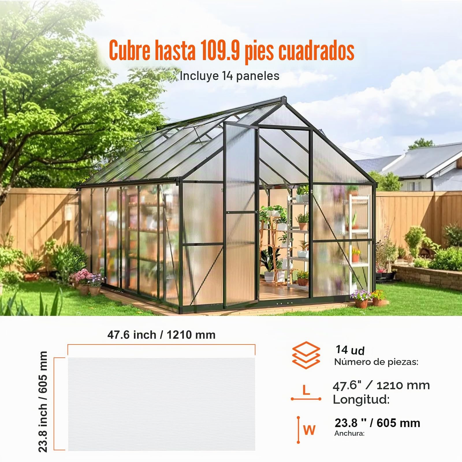 VEVOR Paneles de Policarbonato para Invernadero, Láminas de Techo de Plástico Corrugado Protección UV Resistente al Agua, Resistentes al Impacto para Invernaderos y Jardines, 1210 x 605 x 4 mm, 14 uds