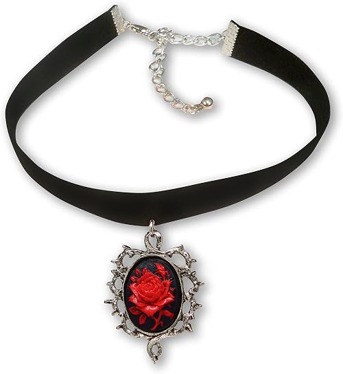 Black Velvet Choker with Red Rose Cameo 
