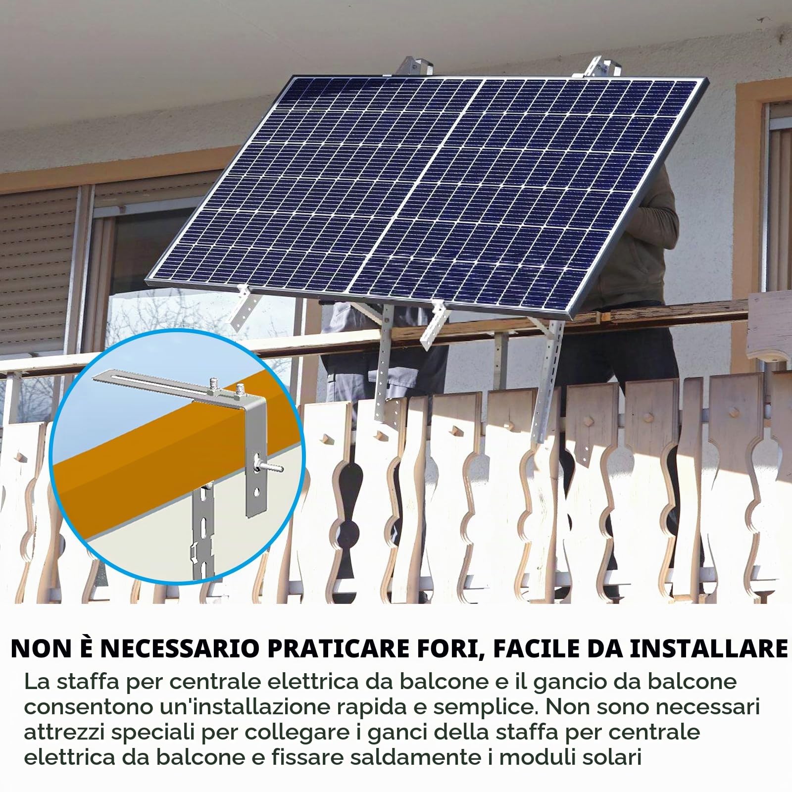 Ganci per Supporto Pannello Solare, 4 Pezzi Kit Ganci per Pannello Fotovoltaico, Staffe per Pannelli Solari da Balcone, Fissaggio Robusto Senza Fori, Supporto in Acciaio Inox per Moduli Fotovoltaici