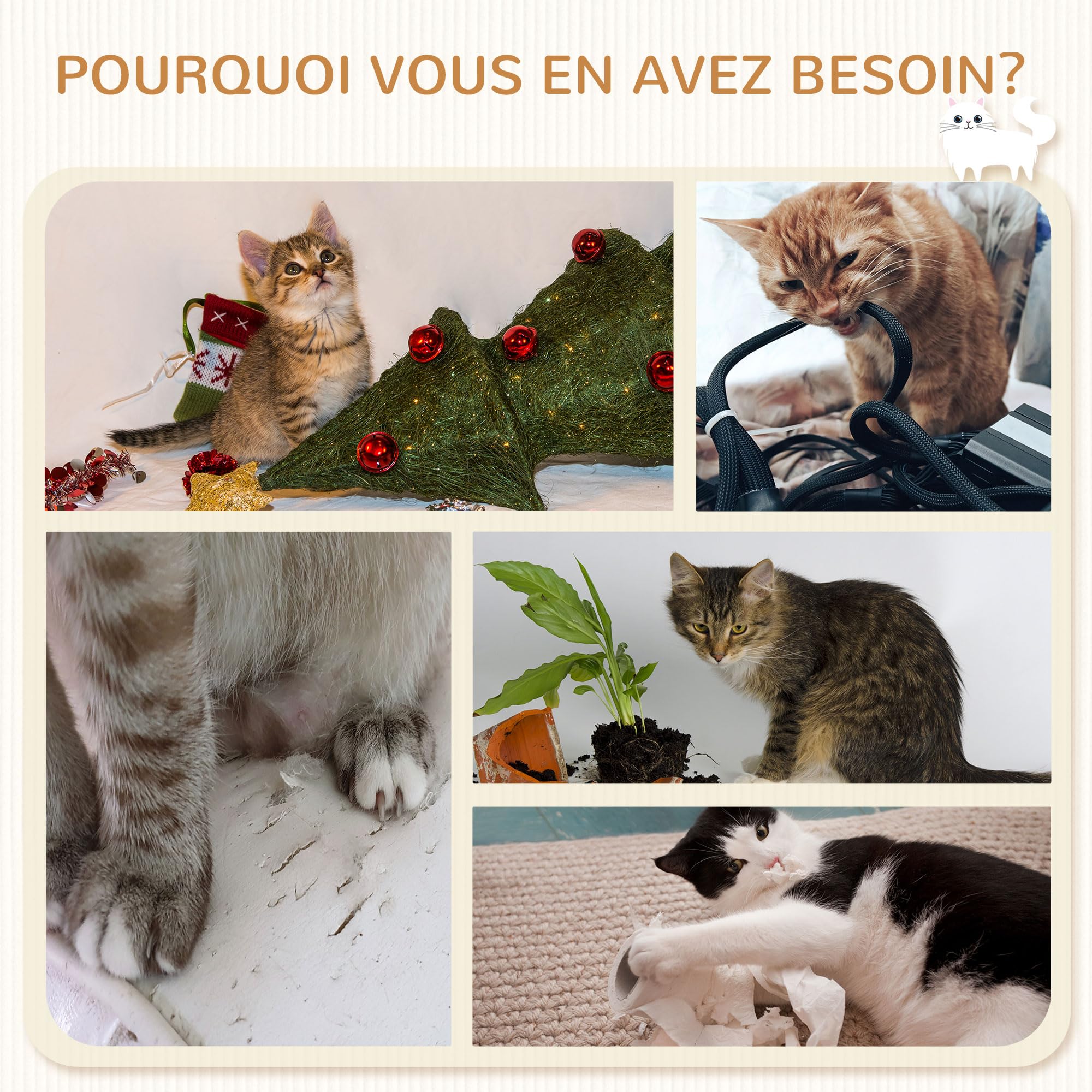 PawHut Arbre à Chat Parcours Mural Complet 4 pièces hamac, Pompon, Plateformes de Saut, Poteau en sisal et échelle Peluche Gris