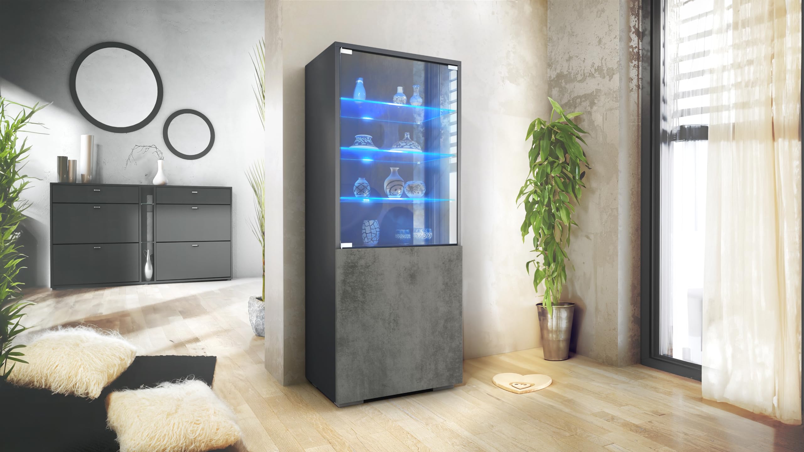 Vitrine Granada, Made in Germany, Vitrinenschrank mit Glastür und Glaseinsatz inkl. LED, Anthrazit matt/Beton Dunkel Optik (50 x 122,5 x 34,5 cm)