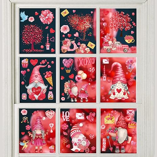 Miniatura 5 de Whaline 9 Hojas de Adhesivos de San Valentín - Gnomos de Amor Rosados con Corazones y Árboles Impresos de Doble Cara, Adhesivos de Ventana para